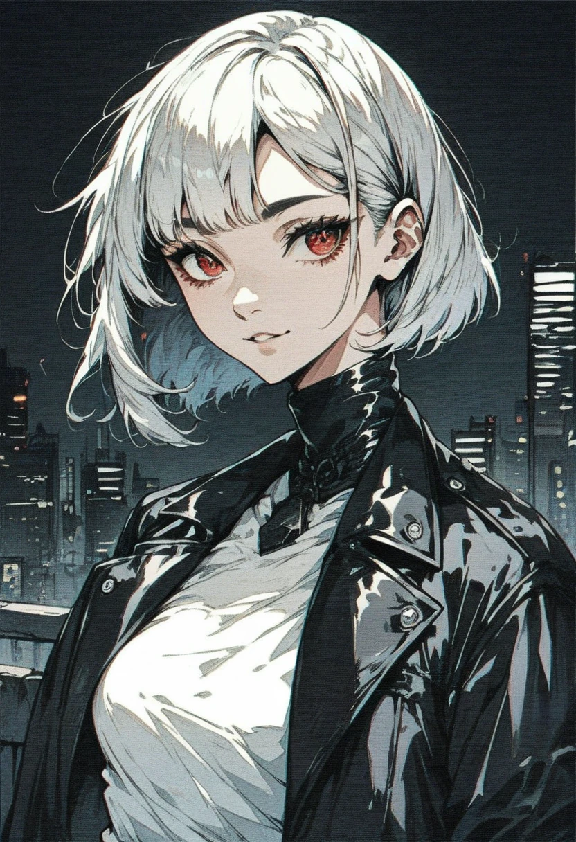 score_9, score_8_up, score_7_up, <lora:Xenotrip_v.2:1> xenotr1p, selective red color, colored, 1girl, solo, perfect face, cute face, black eyeliner, long eyelashes, [red eyes:0.7], white asymmetric bob hair, wearing leather jacket, white shirt, slim, upper body, city black background