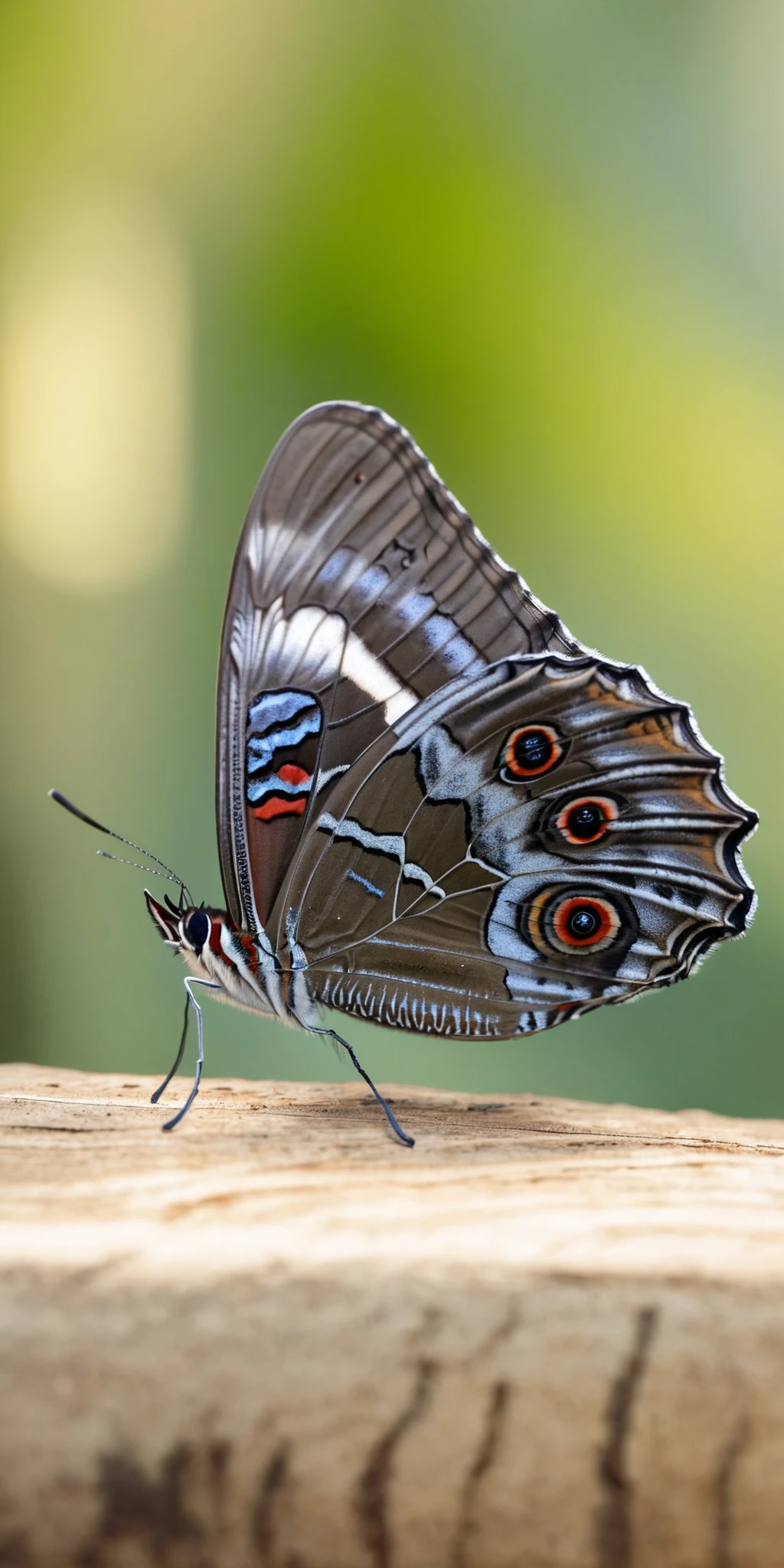 Owl butterfly,sitting,forest,early morning,soft sunlight,no artist,hyperrealistic,photography,highly detailed,natural colors,DSLR,4K,ultra-high-definition,focus,<lora:HMSGå¾®è·è´è¶XL-000010:1>,
