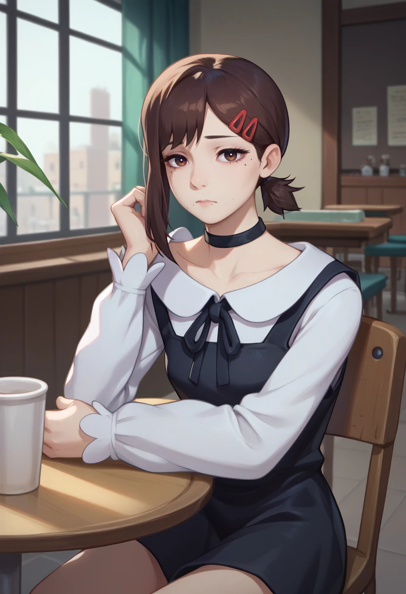 score_9, score_8_up, score_7_up, solo, 1girl, kobenicasual, mole under eye, mole under mouth, expressionless, looking at viewer, sitting, chair, single sidelock, short ponytail, hairclip, brown hair, brown eyes, black dress, pinafore dress, sleeveless dress, white shirt, black ribbon, neck ribbon, long sleeves, black choker, indoors, restaurant <lora:csm_higashiyamakobeni_ponyXL:1>