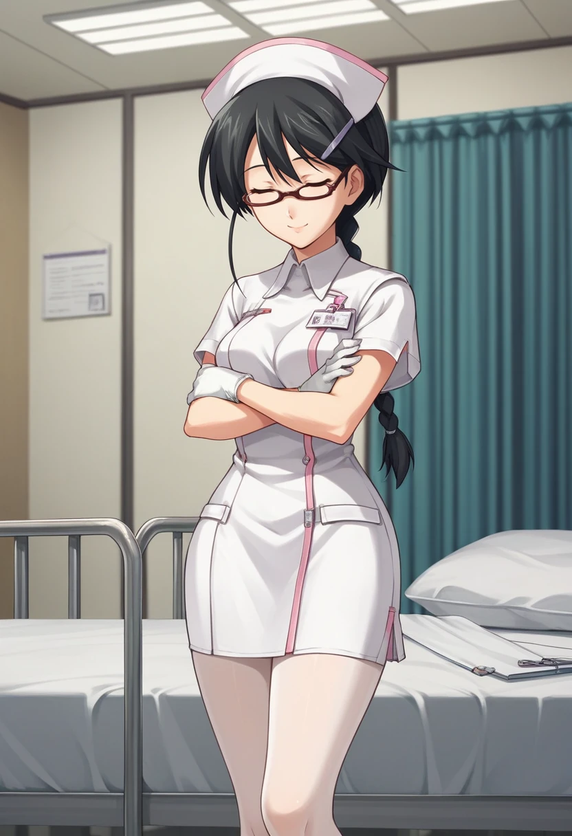 score_9, score_8_up, score_7_up, solo, 1girl, cinderatlas, smirk, looking at viewer, standing, crossed arms, short hair, hair over one eye, eyepatch, nurse, white dress, short dress, short sleeves, white gloves, white thighhighs, indoors, hospital <lora:rwby_cinderfall_ponyXL-ATLAS-000008:1>