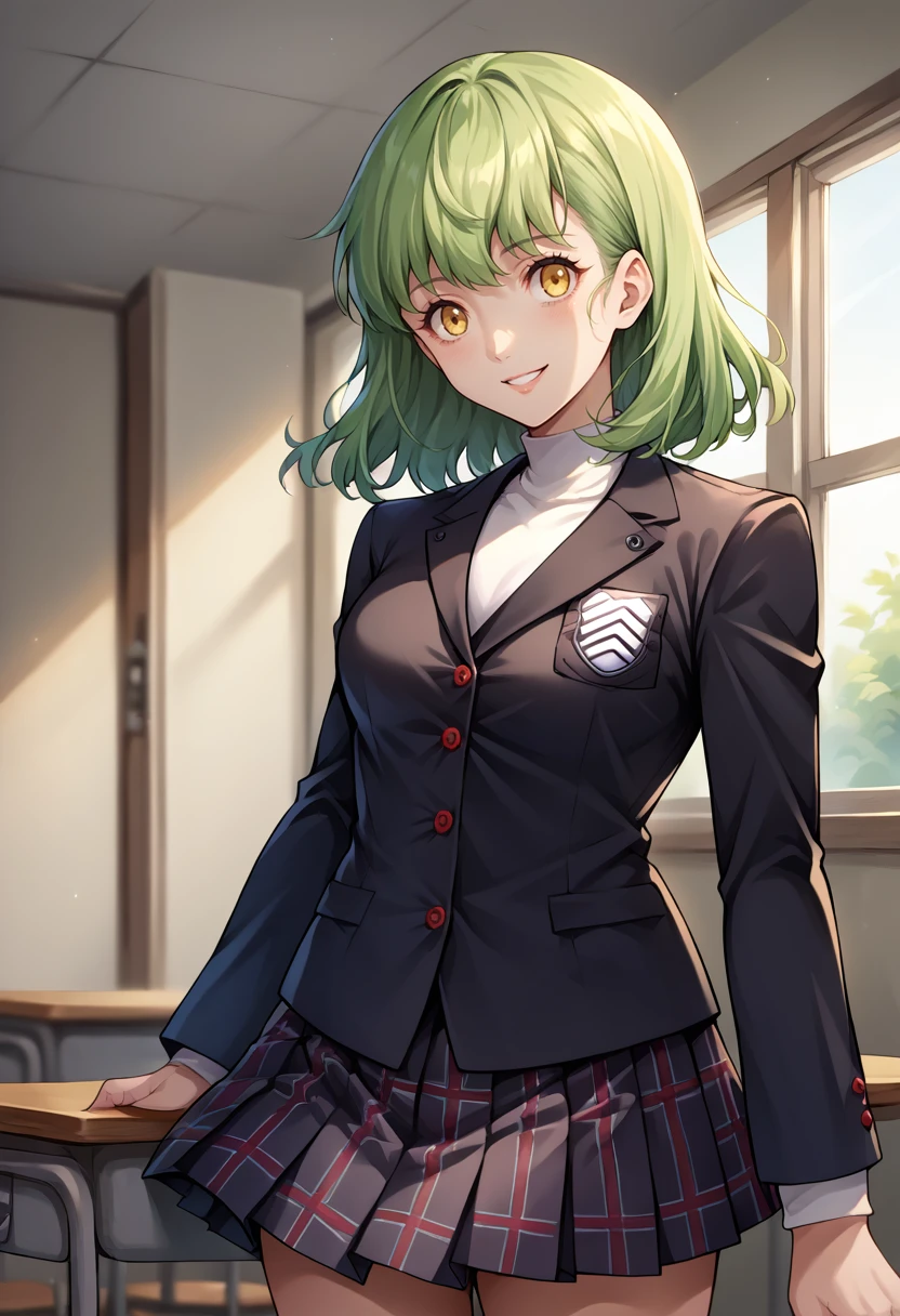 score_9, score_8_up, source_anime, 1girl, solo, green hair, medium hair, yellow eyes, medium breasts, GirlUniform, shuujin academy school uniform, black jacket, plaid skirt, smile, indoors, <lora:ChamShuujinAcademyUniformPonyXL:1>