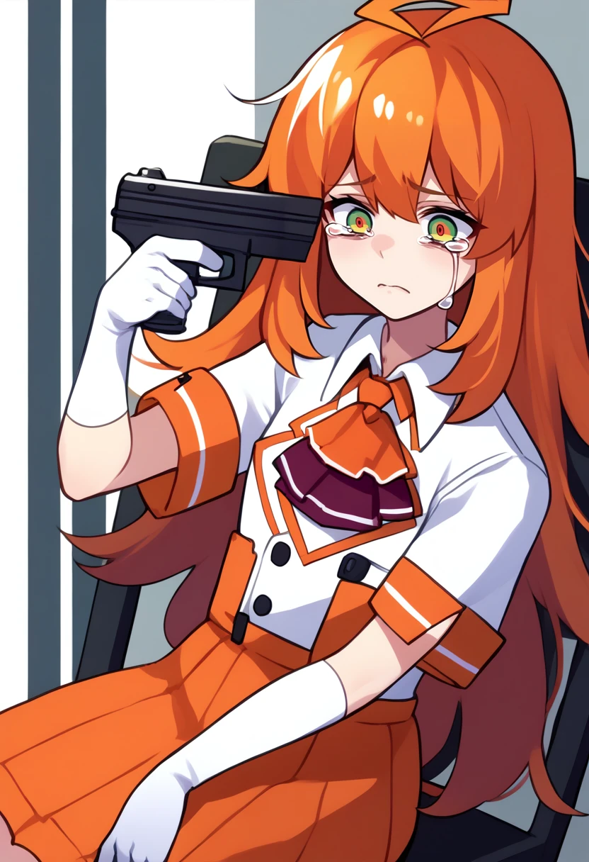 score_9, score_8_up, score_7_up, source_anime, solo, 1girl, stadiachan, sad, crying, tears, gun to head, holding weapon, holding gun, sitting, chair, multicolored hair, orange hair, multicolored eyes, huge ahoge, orange and white shirt, orange ascot, short sleeves, white gloves, elbow gloves, orange skirt <lora:concept_guntohead_ponyXL:1> <lora:stadiachan-pdxl-nvwls-v1:1>