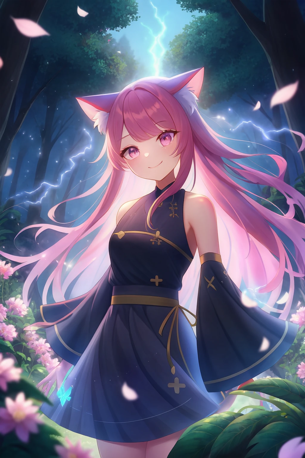 1girl, solo, cat ears, straight hair, pink hair, pink eyes, bare shoulders, looking at viewer, smile, newest, extremely aesthetic, best quality, general, night, forest, flower, vegetation, wind, petals, feathers, fire, magic, electricity, head tilt, cowboy shot, scenery, waving,