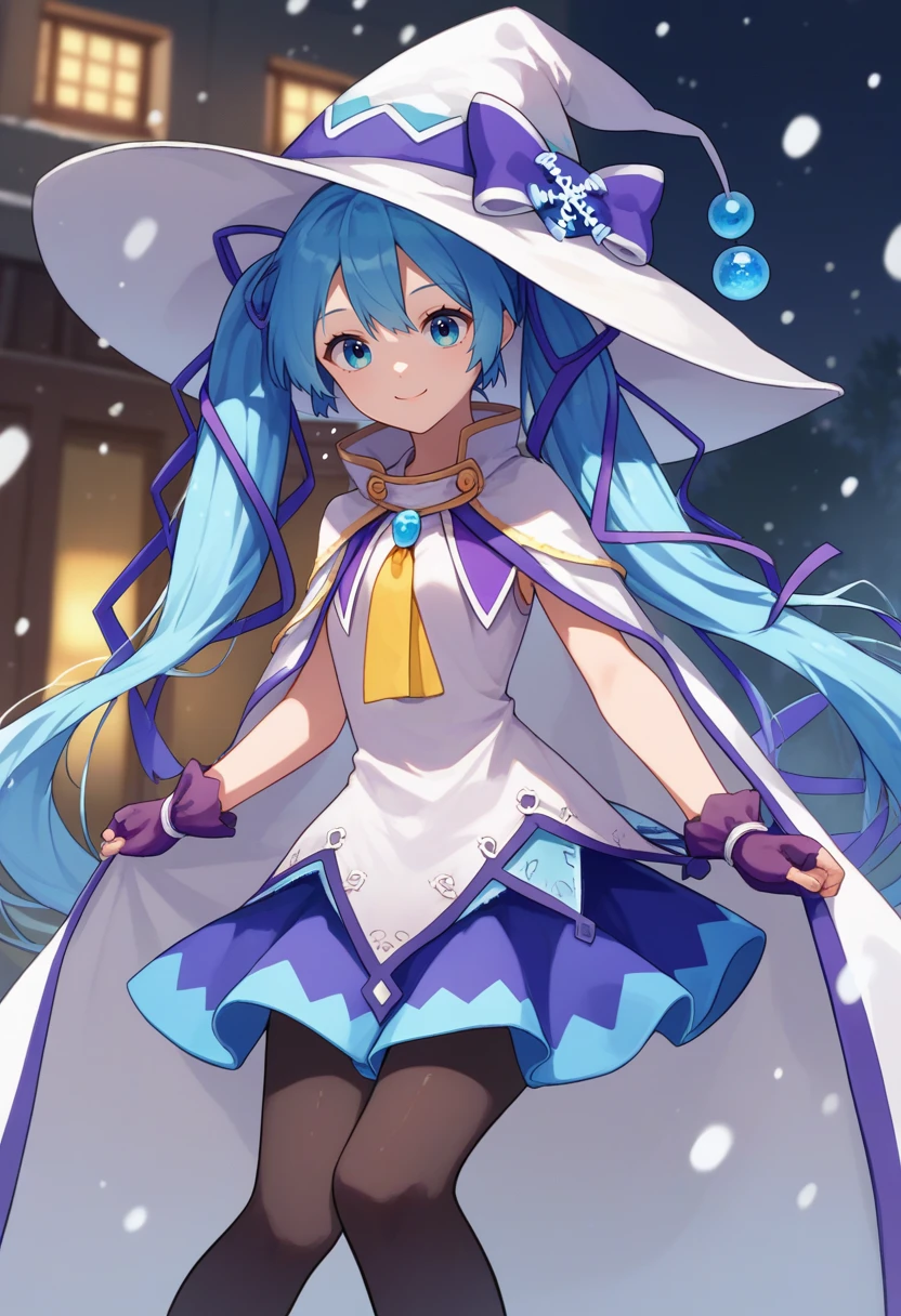 score_9, score_8_up, score_7_up, source_anime, solo, 1girl, yukimiku2014, smile, looking at viewer, blue hair, twintails, hair ribbon, blue ribbon, white headwear, witch hat, large hat, hat bow, white cloak, white shirt, sleeveless shirt, yellow necktie, purple gloves, fingerless gloves, blue skirt, black pantyhose, snowing, outdoors <lora:vocaloid_yukimiku2014_ponyXL:1>