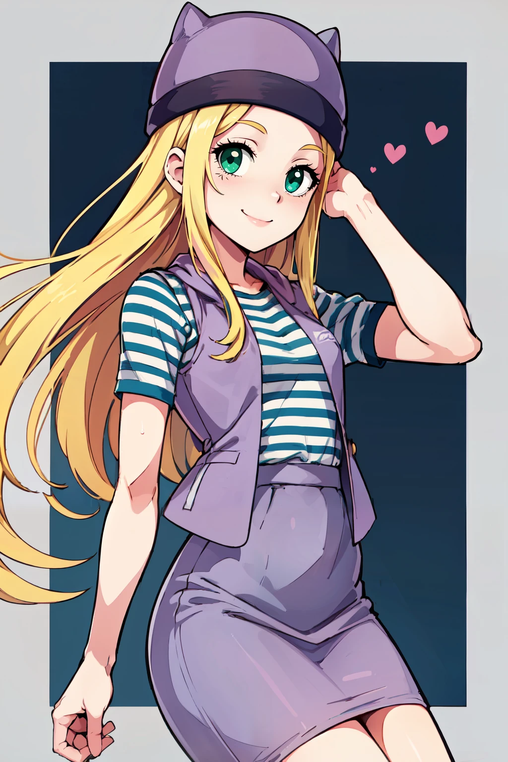((masterpiece,best quality)), absurdres, <lora:OrimotoIzumi_v1:0.7>, zzIzumi, perfect, green eyes, blonde hair, long hair, purple vest, striped shirt, hat, skirt, solo, cowboy shot, smile, looking at viewer,