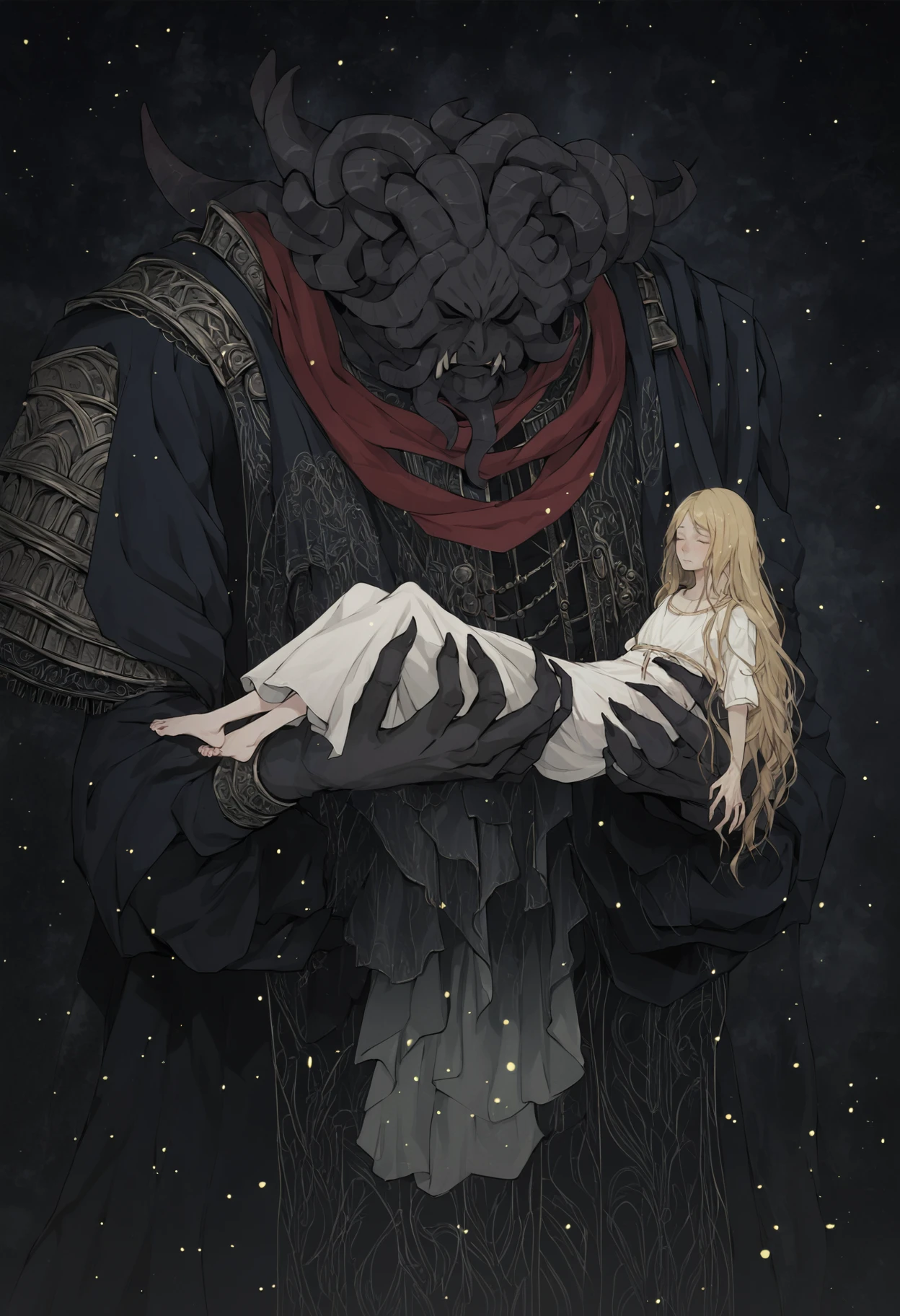 masterpiece,best quality,highly detailed,score_9,score_8_up,score_7_up,score_6_up,highly detailed,cinematic,source anime,
BREAK
<lora:MohgPony1.0:0.9>,2boys,mohg lord of blood,princess carry,demon horns,red scarf,stole,black robe,carrying person,sharp fingernails BREAK
miquella \(elden ring\),barefoot,blonde hair,closed eyes,white dress,long hair,closed mouth,white robe,medium hair,androgynous,wing,
fine art parody,black background,size difference,light particles,