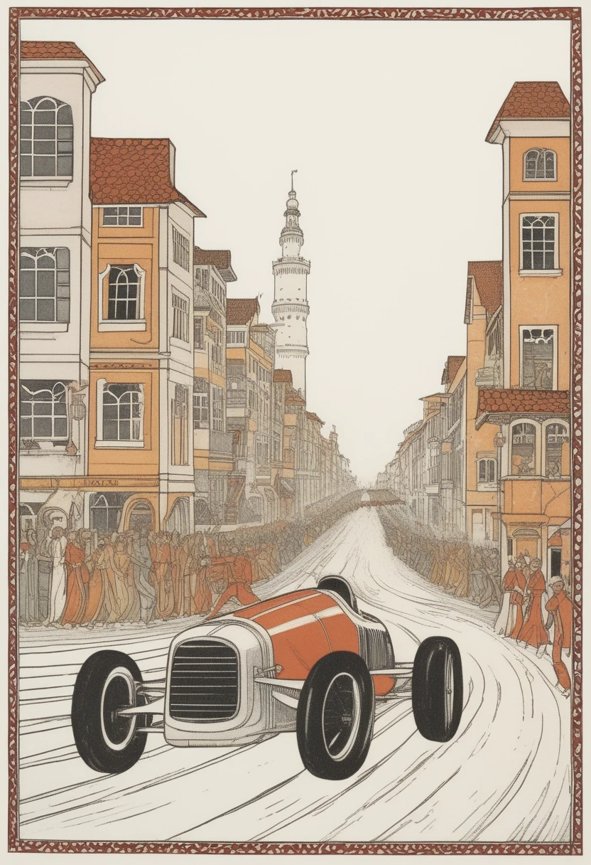 (Formula 1 car) racing through streets, wood block print, border, color, illustration, Kay Nielsen, <lora:Kay_Nielsen_Style:0.75>