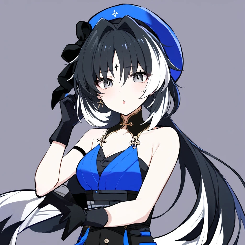 1girl,
yangyang \(wuthering waves\),
solo, collarbone, chestnut mouth, hair between eyes, hat, parted lips, simple background, blue hair, long hair, bare shoulders, streaked hair, upper body, blush, multicolored hair, gloves, looking at viewer, grey background, grey hair, cropped torso, hair intakes, black hat, black gloves, hand up, beret, grey eyes,
masterpiece, best quality, safe
<lora:mki-ani3-yangyang-v3:1>