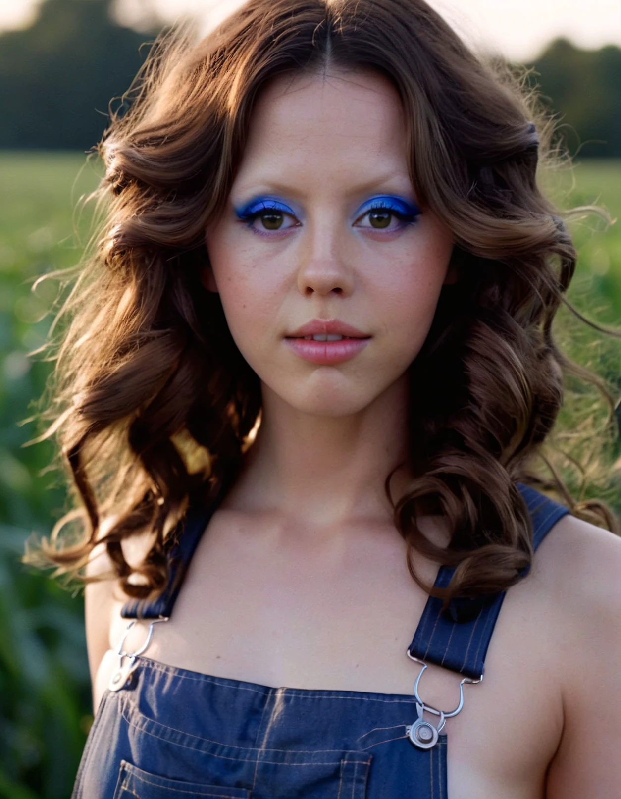 high resolution photo close-up of m1ag0th woman,brown long wavy hair,wearing overalls,blue eyeliner,masterpiece,surreal lighting,volumetric lighting,bokeh,depth of field,cinematic,in a field