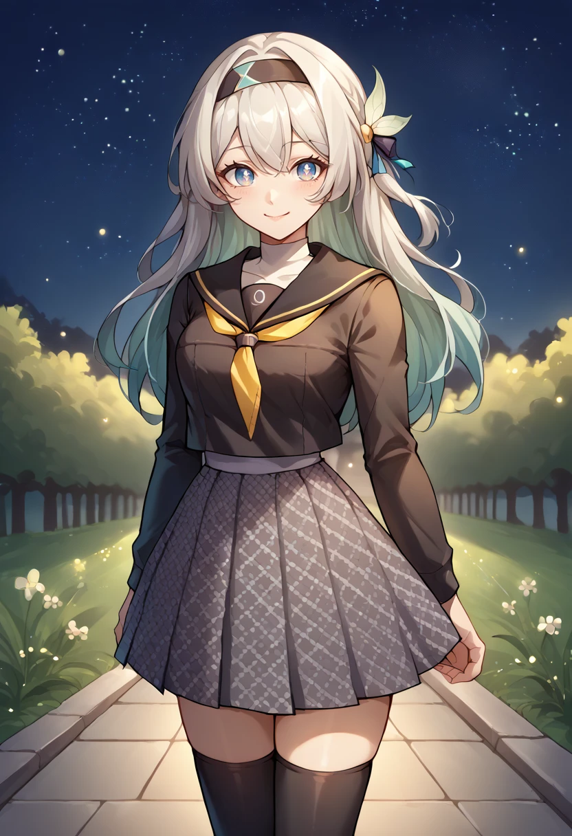 score_9, score_8_up, source_anime, Firefly, blue pupils, long hair, black hairband, hair ornament, YasogamiFemaleWinter, black shirt, long sleeves, black sailor collar, yellow neckerchief, grey skirt, black thighhighs, smile, outdoors, night, stars, starry sky, <lora:ChamYasogamiSchoolUniformPonyXL:1>, <lora:ChamFireflyPonyXL:1>