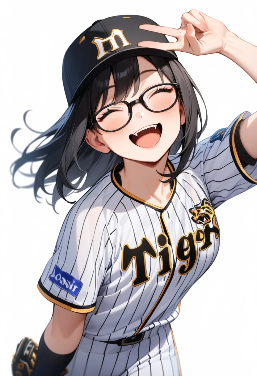 masterpiece, best quality, very aesthetic, absurdres,
1girl, solo, glasses, black hair, medium hair, happy, smile, v, closed eyes, open mouth,
tigers_uniform, baseball uniform, white background, sportswear, simple background, baseball cap, black cap,
<lora:HanshinTigersU_SDXL_V1:1>