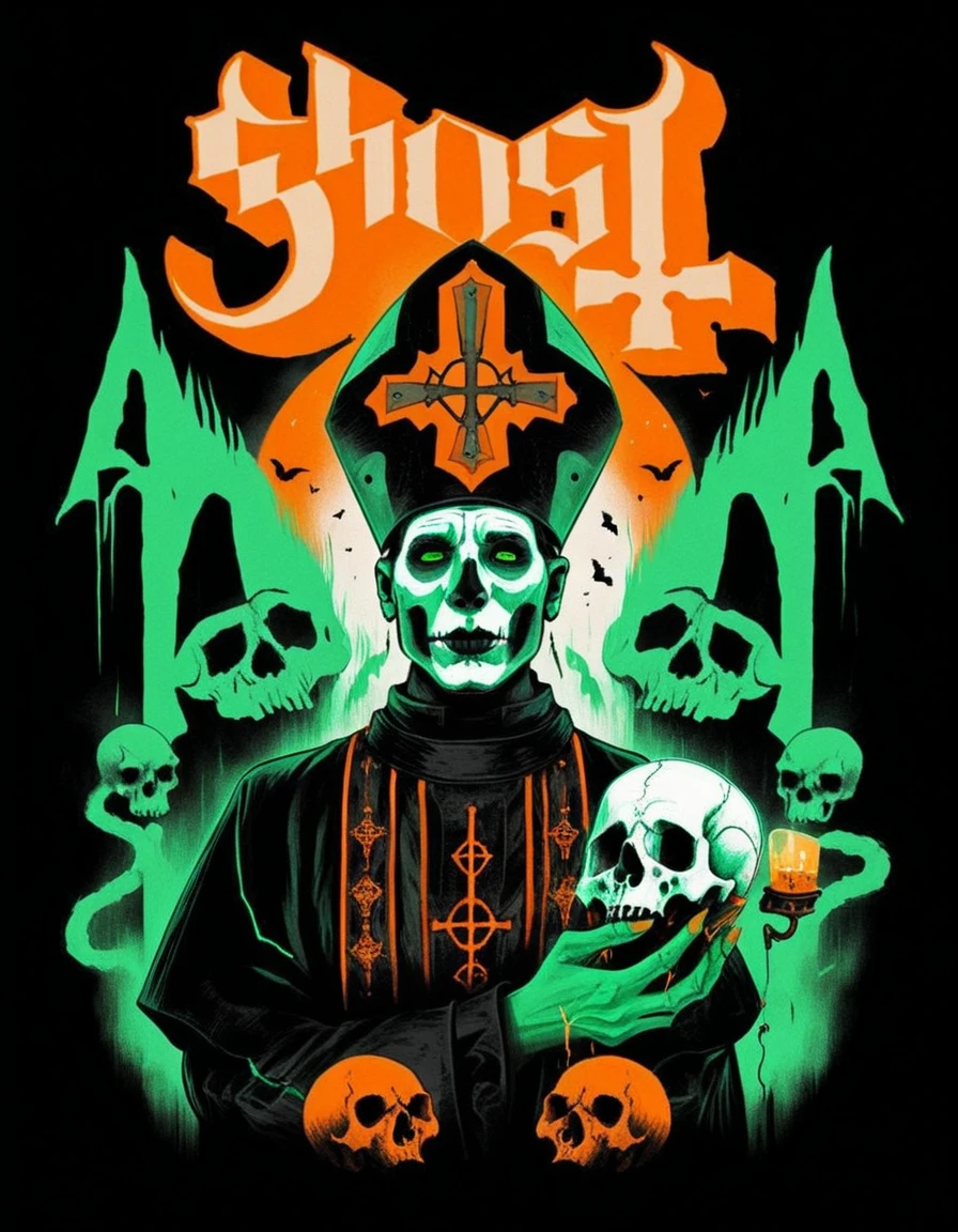 hud_ghst, 1boy, priest, makeup, mouse, skull, [ghost], retro artstyle, <lora:ghost_band_t_shirts-000006:0.7>, green and orange color scheme