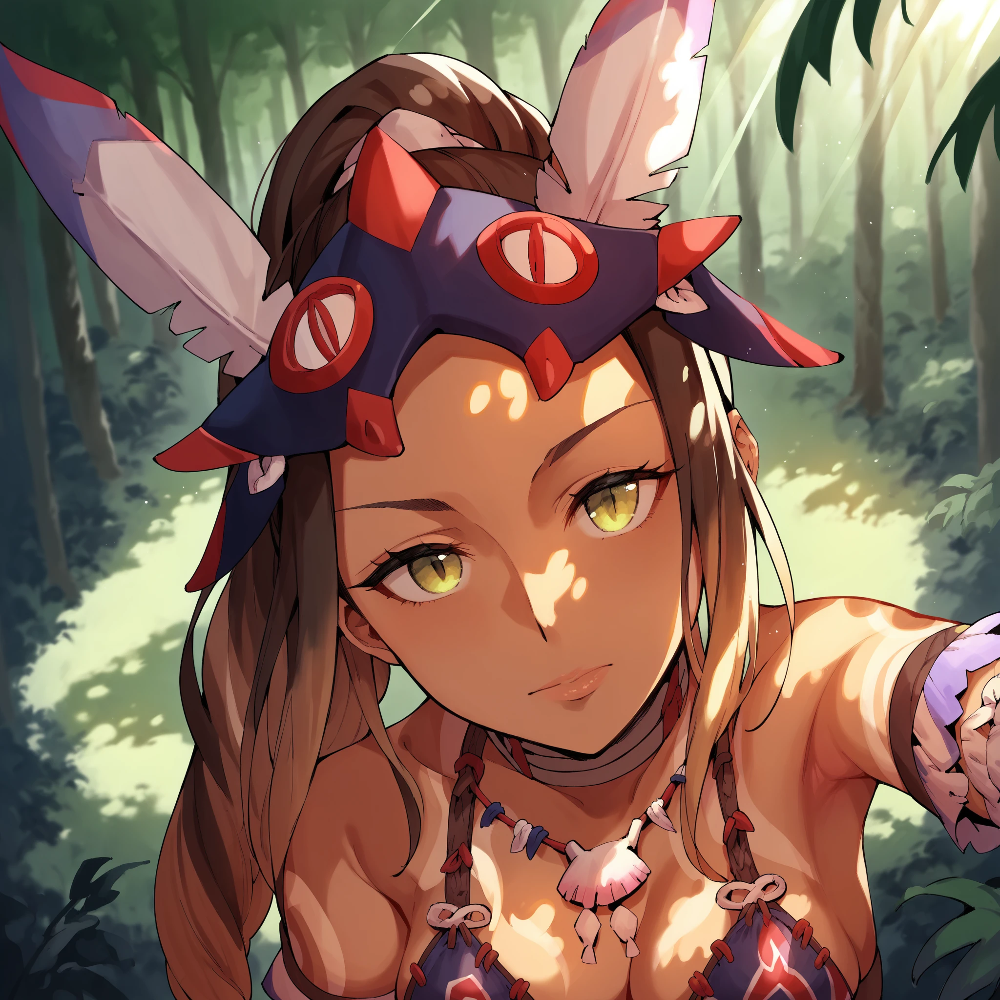 score_9, score_8_up, score_7_up,  <lora:k41n4:1> k41n4,1girl,solo,looking at viewer,mask, tribal, forest,Dappled Sunlight, dynamic pose, dynamic angle, leaves, close-up,