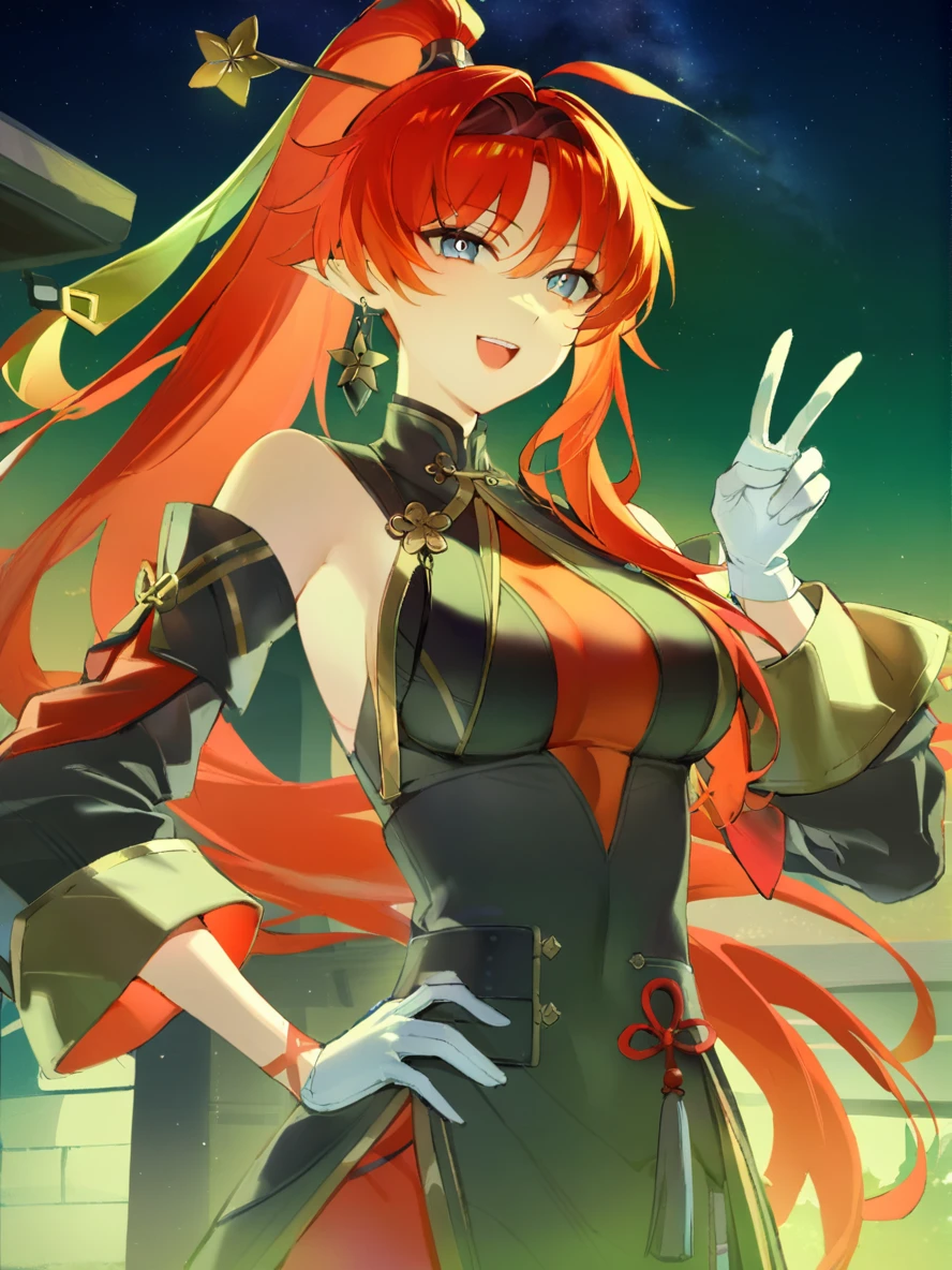 1girl,
yinlin \(wuthering waves\),
solo, sky, star \(sky\), ahoge, single earring, blue eyes, hand on own hip, smile, long hair, looking at viewer, white gloves, outdoors, breasts, long sleeves, upper body, red hair, detached sleeves, v, starry sky, night, night sky, single glove, teeth, earrings, medium breasts, jewelry, bare shoulders, gloves, ponytail, open mouth, upper teeth only,
masterpiece, best quality, safe
<lora:mki-ani3-yinlin-v1:1> <lora:mki-ani31-blackmeow-v1-000120:1>