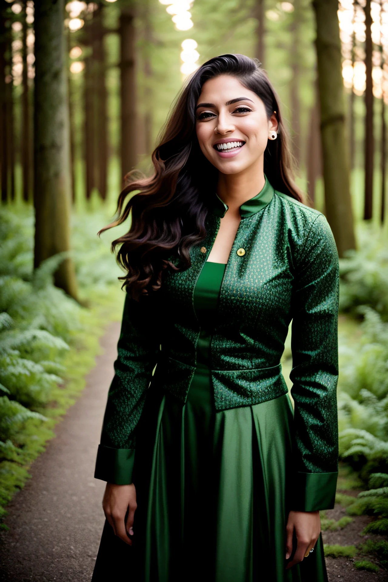 photo of a spna woman, cinematic lighting, wearing conservative intricate Forest Green clothes, solo, laughing outdoors in spacecraft interior, background bokeh   <lora:spna_Sapna_Pabbi_SD15_LoRA_prodigy_local_regsHNepochs-000020:0.8>