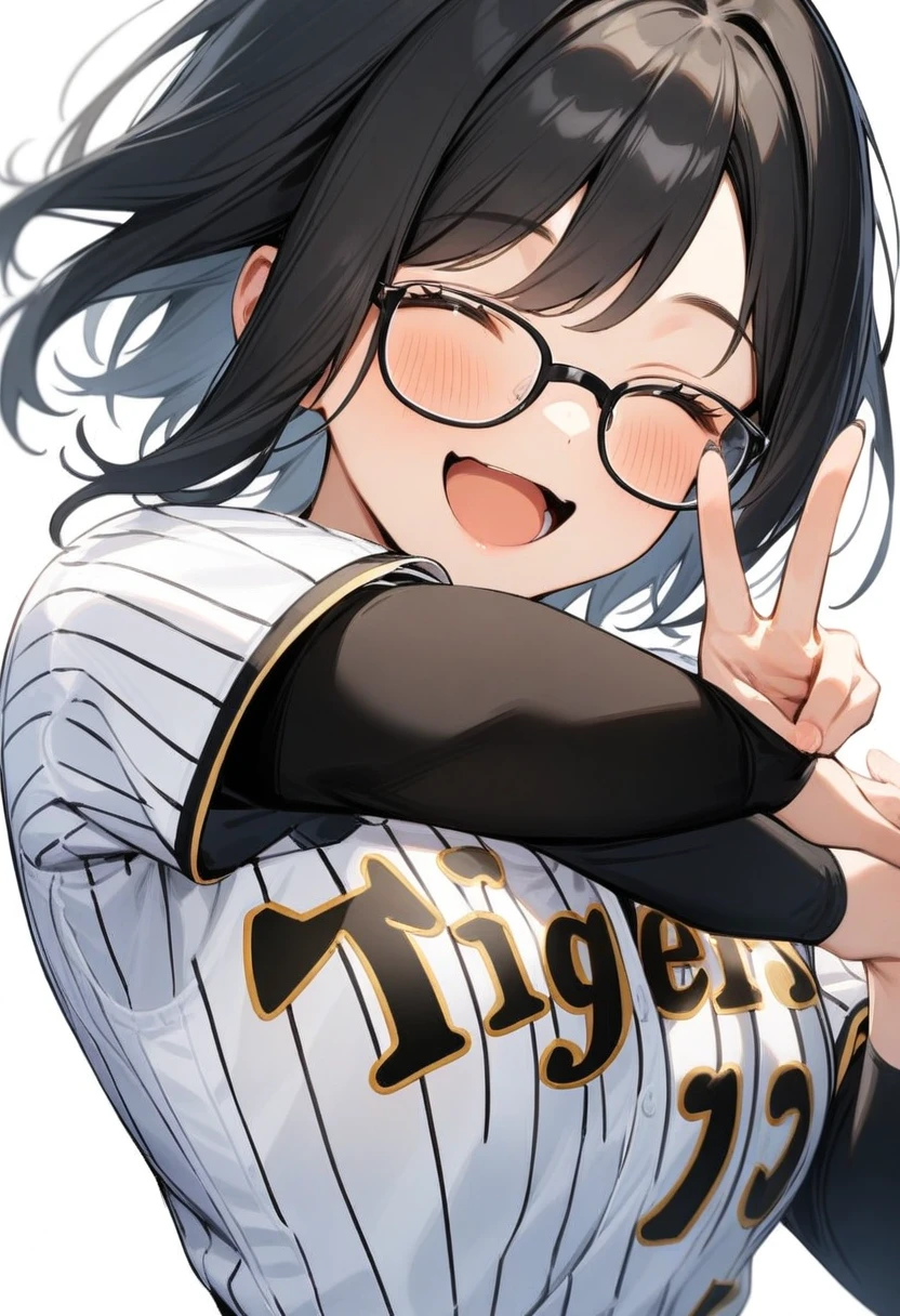 masterpiece, best quality, very aesthetic, absurdres,
1girl, solo, glasses, black hair, medium hair, happy, smile, v, closed eyes, open mouth,
tigers_uniform, baseball uniform, text focus, white background, denim, jeans, upper body,
<lora:HanshinTigersU_SDXL_V1:1>