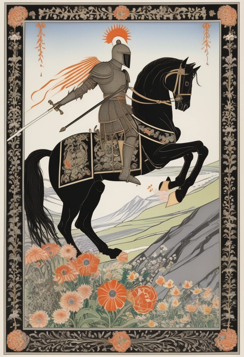 Knight with winged helmet, charging on black horse, sword, shield, mountain, flowers, border, color, illustration, Kay Nielsen,  <lora:Kay_Nielsen_Style-000005:0.75>