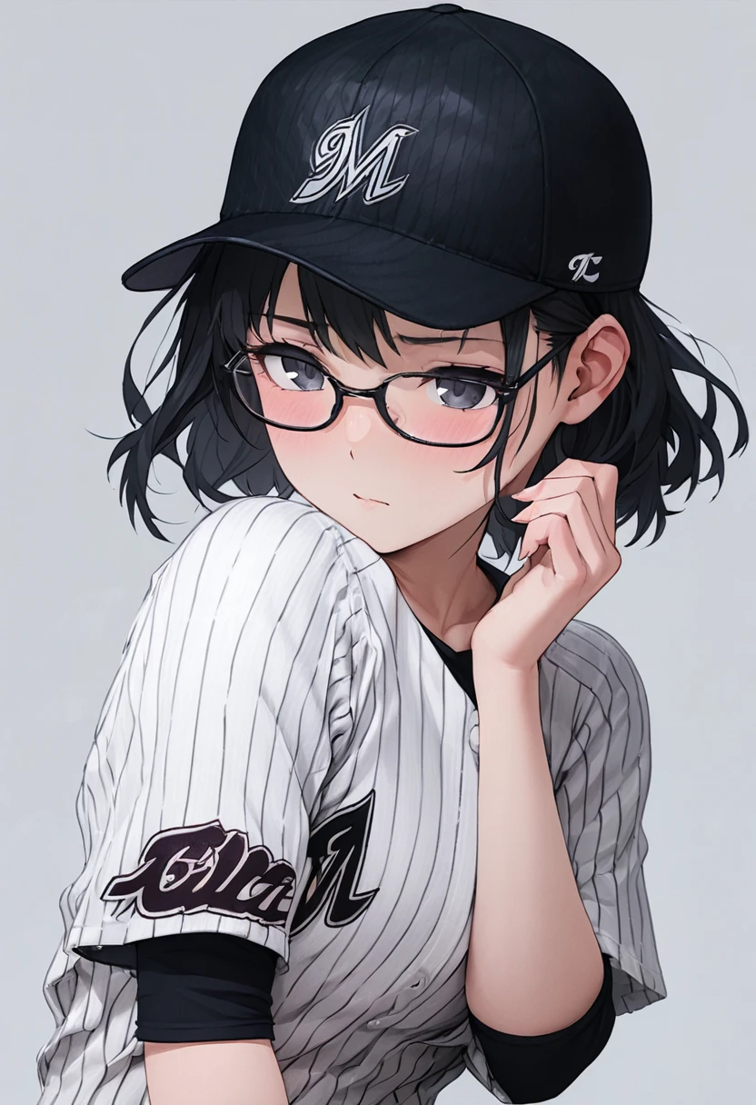 masterpiece, best quality, very aesthetic, absurdres,
1girl, solo, glasses, black hair, medium hair, denim, skirt,
chibalotteU, baseball cap, baseball uniform, standing, shirt, grey background, simple background, upper body,
<lora:ChibaLotteMarinesUniformH_SDXL_V1:1>