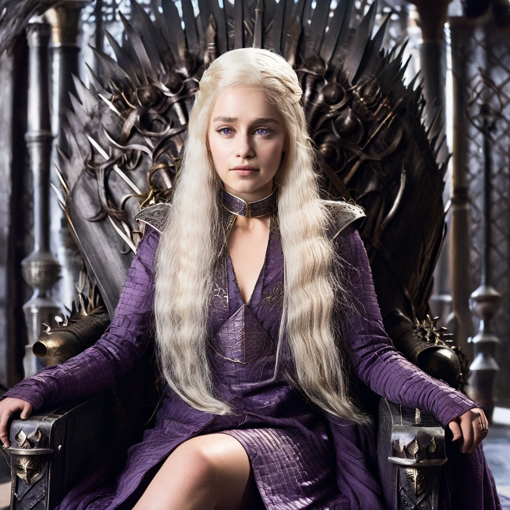 Skin texture, Closeup portrait photo of a young woman with violet eyes dressed as a noble queen from game of thrones, sitting on the iron throne, regal,platinum blonde hair,f /2.8, Canon, 85mm,cinematic, high quality, looking at the camera, ,emxclrke,  <lora:emclarke_juggerX_xl_2_st_wocap-emxclrke-000025:1.2>