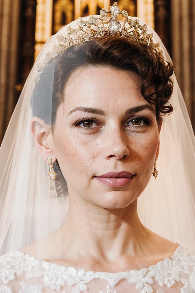 donna_langley, woman, young, bride, white wedding dress, big diamond tiara, veil, perfect brown hair, diamond embroidery, portrait, gold jewelry, diamond earrings, looking at viewer, beautiful face, perfect brown eyes, pouty pink lips, perfect skin, few freckles, best quality, indoors, cathedral, church, soft lighting <lora:donna_langley_512p_nocap_16i_8r_12e_64d_32a:0.5>