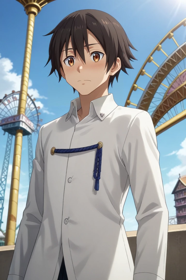 score_9, score_8_up, score_7_up, source_anime, rating_safe, intricate details, semi-realistic, , , 1boy, solo, male focus, <lora:yuuki_kagurazaka_pony:0.88>, yuuki_kagurazaka, black hair, brown eyes, short hair, hair between eyes, wide angle, wide shot, cowboy shot, amusement park, carousel, ferris wheel, day, clouds, legs up, embarrassed, nose blush, , <lora:sdxl_lightning_8step_lora:1>