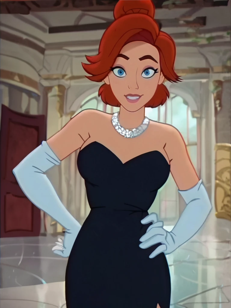 score_9, score_8_up, score_7_up, score_6_up, AnastasiaXLP, short hair, red hair, blue eyes, black dress, hair bun, elbow gloves, necklace, bare shoulders, motion lines, smile, curvy, looking at viewer, cowboy shot, dynamic pose, solo, dutch angle, front, sexy, sexually suggestive, from above, room, elegant, hand on own hip, nervous smile, screencap,
<lora:AnastasiaXLP_character:1>