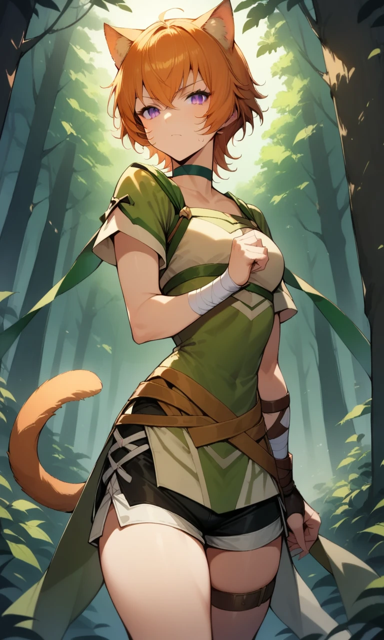 score_9,score_8_up,score_7_up, source_anime, 1girl, solo,lethe, cat tail, cat ears, whisker markings, purple eyes, short hair, forest, side slit shorts, short sleeves, 