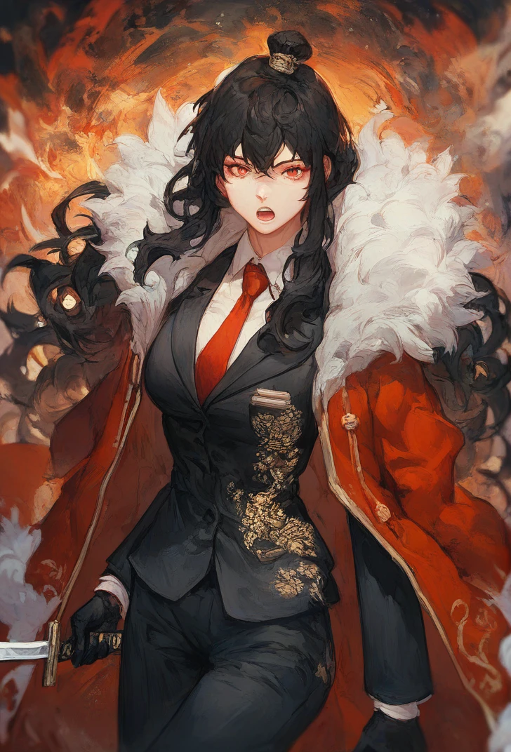 (score_9, score_8_up:1.1), score_7_up, masterpiece, <lora:Xiao_Library_Of_Ruina:1>, XiaoLOR, XiaoNormal, 1girl, solo, long hair, looking at viewer, open mouth, black hair, red eyes, gloves, weapon, necktie, black gloves, pants, sword, coat, fur trim, formal, suit, red necktie