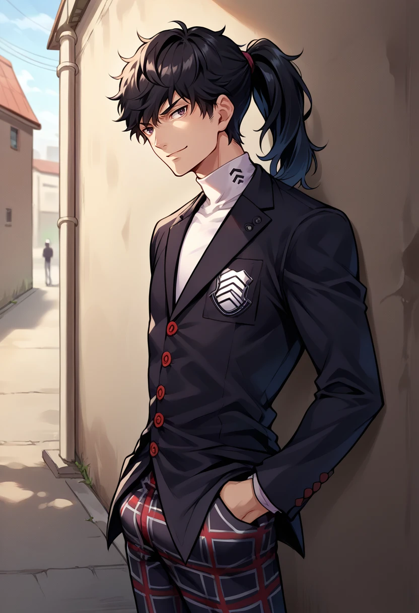 score_9, score_8_up, source_anime, 1boy, solo, black hair, ponytail, BoyUniform, shuujin academy school uniform, black jacket, plaid pants, leaning against wall, outdoors, alley, smirk, hands in pockets, <lora:ChamShuujinAcademyUniformPonyXL:1>