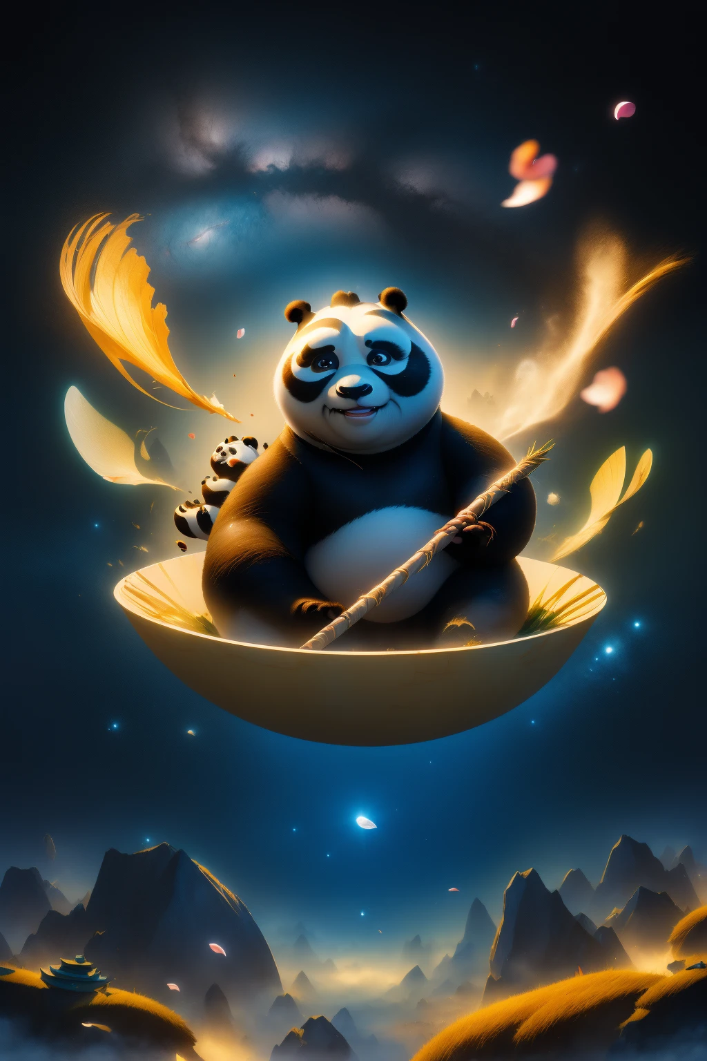 (kung fu panda:1.2),broken clouds,pouring down the golden light,star petals,(petals:1.2),milky way,<lora:lbc_starry sky_petals_v1.0-000006:0.6>,