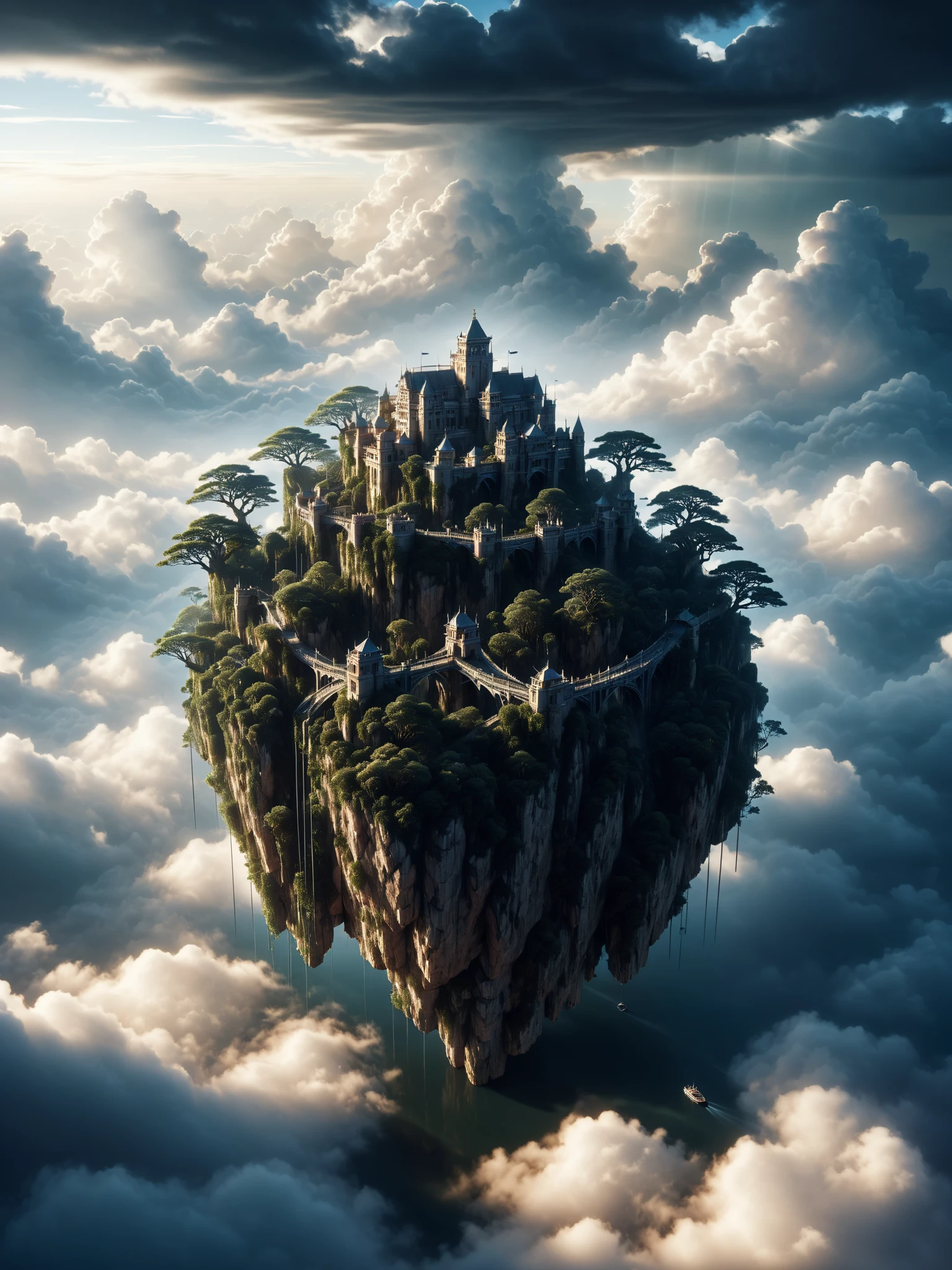 castle on floating islands connected by bridges, dense clouds, light rays, mad-abvthclds <lora:Above_the_Clouds_SDXL:1>, raw photo, film grain, Fujifilm XT3, (photorealistic, realistic:1.2), deep shadow, 8k, uhd, dslr, ultra high res