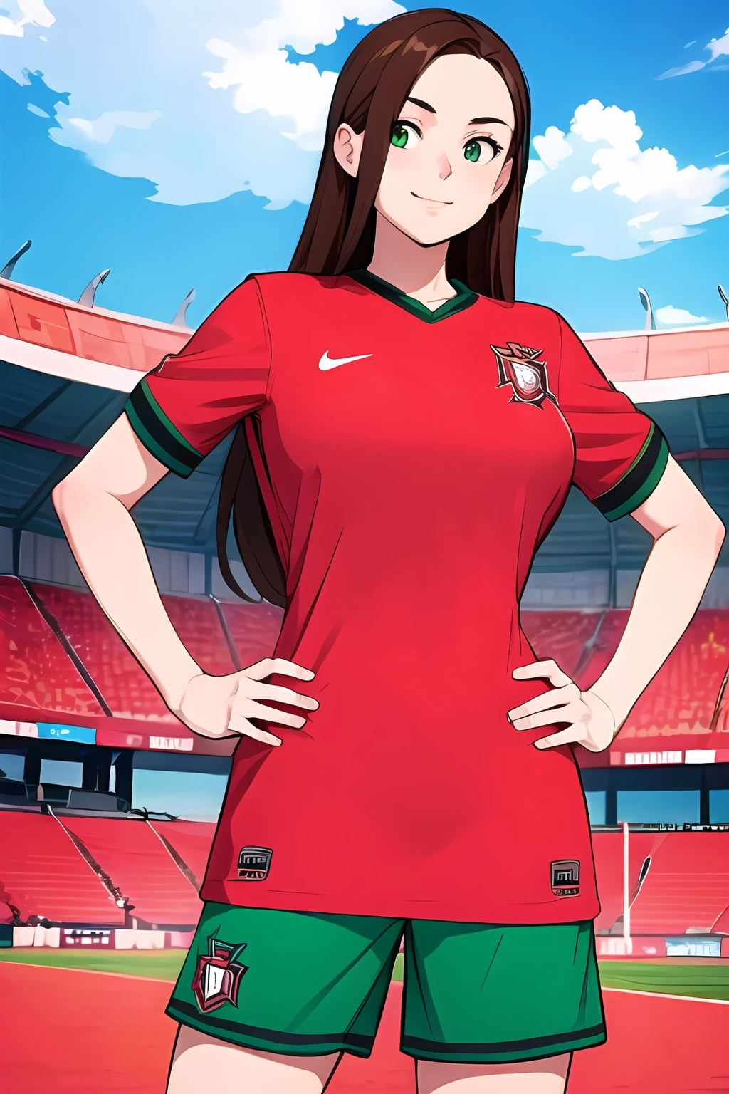 <lora:SC-P0R_Shirt_2024:1>, p0rtug4l, sportswear, soccer uniform, red shirt, shorts, (cowboy shot:1.2), 1girl, brown hair, long hair, smile, (stadium:1.2), green field, massive breasts, hands on hip, standing, (best quality), (ultra-detailed), (best illustration)