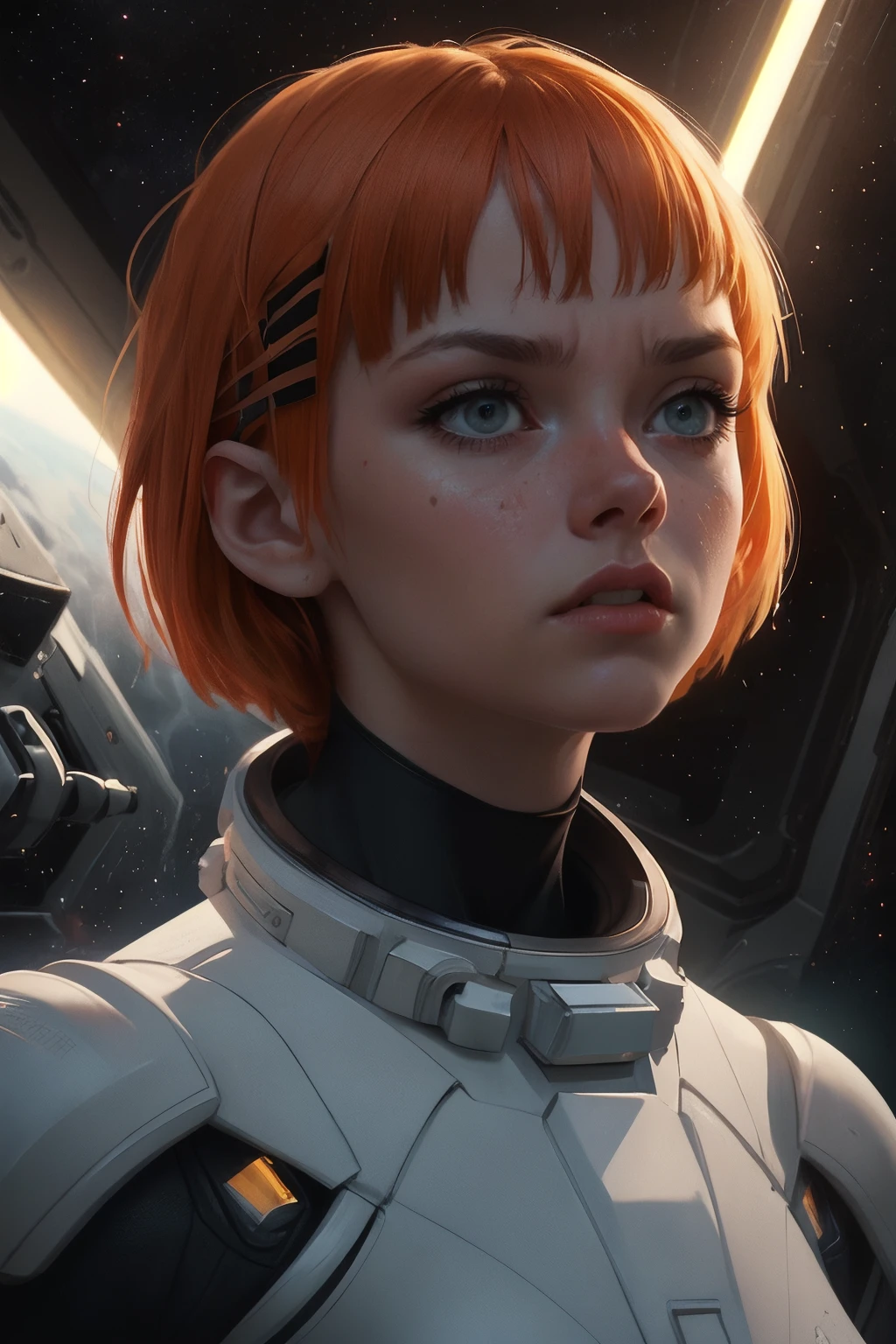 ((Leeloo)) from the (movie The Fifth Element 1998), brunette hairs, octane rendering trends, evenly cut hairs, long bob, 8k art photography, photorealistic concept art, soft, dramatic, photorealistic, perfect composition, beautiful detailed, intricate, insane detailed octane render popular on artstation, 8k art photography, photorealistic concept art, soft natural volumetric cinematic perfect light, chiaroscuro, award-winning photography, masterpiece, symmetrical eyes, backlight, (space age of 1950th:1.5), (portrait art:1.4), dynamic scene composition, perfect composition, expressive emotions, Cinematic photography, movie mood, cinematic light, compelling composition, storytelling elements, conveys emotion, mood, and narrative depth, creating visually striking images that feel like still frames from a film