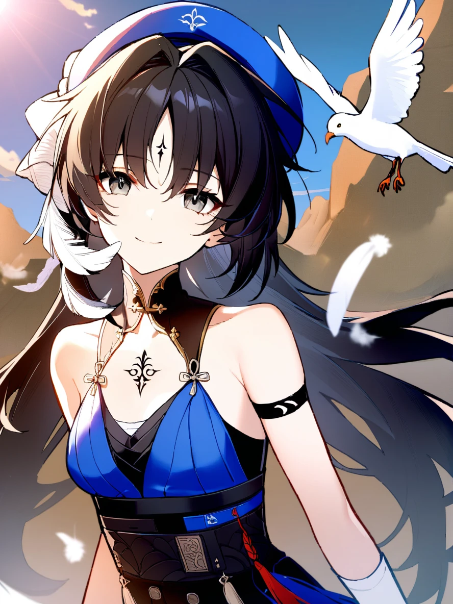 1girl,
yangyang \(wuthering waves\),
solo, outdoors, sun, closed mouth, chest tattoo, bird, bare shoulders, black hair, hat, tassel, cloud, cloudy sky, hair between eyes, grey eyes, small breasts, tattoo, long hair, looking at viewer, upper body, gloves, beret, blue hat, mountain, sunlight, white gloves, blue sky, sky, breasts, smile, white bird, feathers, day,
masterpiece, best quality, safe
<lora:mki-ani3-yangyang-v3:1>