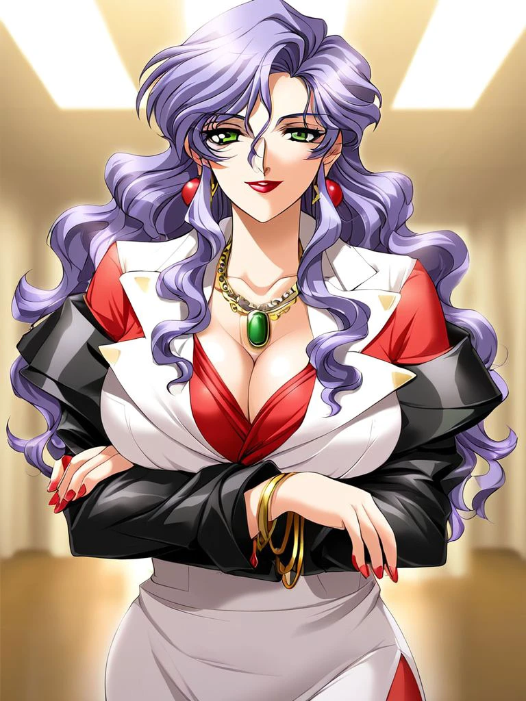 score_9, score_8_up, score_7_up, source_anime, rating_explicit, BREAK  <lora:Nonomura_Akiko_XL:1>
NonomuraAkiko,  long hair,  earrings, purple hair, lipstick,  makeup,  green eyes,  yellow eyes, jewelry, large breasts, mature female,
cleavage, necklace, nail polish, bracelet, formal, crossed arms, suit, red nails, wavy hair, smile, skirt, looking at viewer
hospital, room,