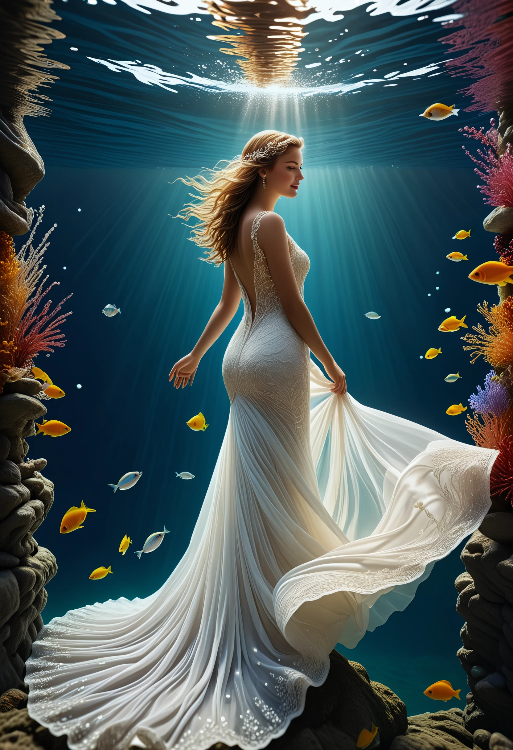 Capture the ethereal beauty of a bride swimming gracefully underwater, viewed from below the surface. The bride, dressed in an elegant, flowing white gown, moves with a fluid grace reminiscent of a mermaid. The fabric of her gown billows around her like a cloud, illuminated by soft rays of sunlight filtering through the water. The intricate lace details of her dress shimmer in the aquatic light, adding a touch of delicacy and sophistication to the scene. Her hair, adorned with delicate pearls and shimmering crystals, flows around her like a silken veil, creating a mesmerizing halo of beauty. The bride's serene expression exudes a sense of peace and tranquility as she glides effortlessly through the crystal-clear water, surrounded by a school of colorful, tropical fish that dart playfully around her, adding a whimsical touch to the enchanting underwater tableau.
<lora:detailed_notrigger:0.8>, BREAK, great composition, UHD, 8K, 32k,