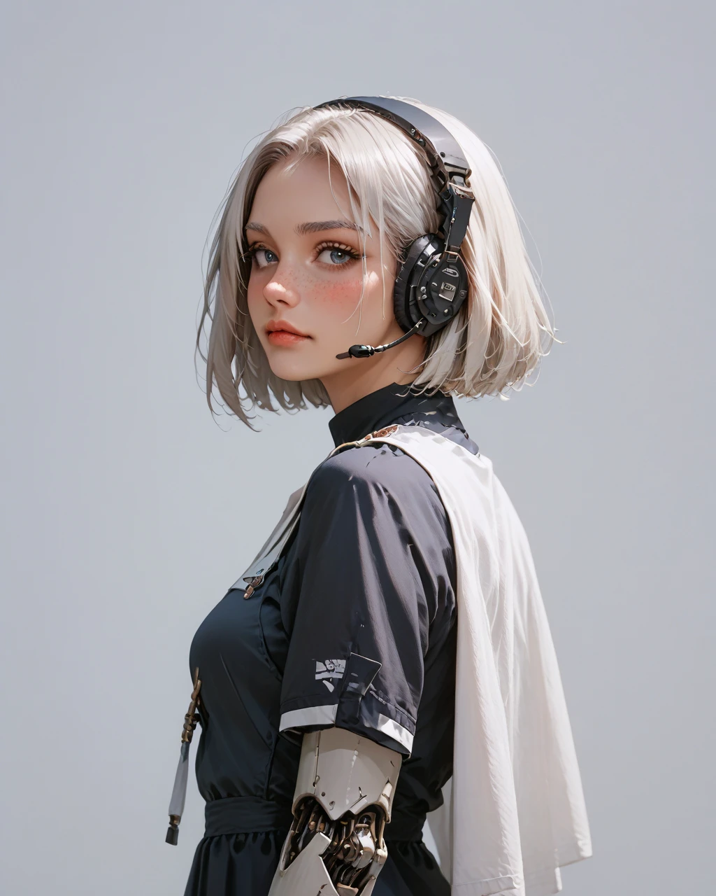 score_9, score_8_up, score_7_up 1girl, innocent and alluring, alternative vibe, source_photo, (photography, realistic:1.0), (rating_safe)
break
1girl, solo, white hair, medium hair, beautiful eyes, freckles, white pale eyes, (18 yo), Machine Eyes
Unit emblem, short sleeves, (headgear, headset), Military Backpack, large cross device on the back, techwear
(nun motif combat black uniform:1.2)
(cybernetic mecha musum:1.2), Science Fiction
smirk, blush, (Sharp white eyebrows)
(Ruined church Battlefield:1.3)
<lora:cybe_arm:0.7> cybe_arm, cybernetic cool tech mechanical arm, Full mechanical prosthetic arm, face, (focus arm and hands:1.2)
break
cowboy shot
from behind, rear view,