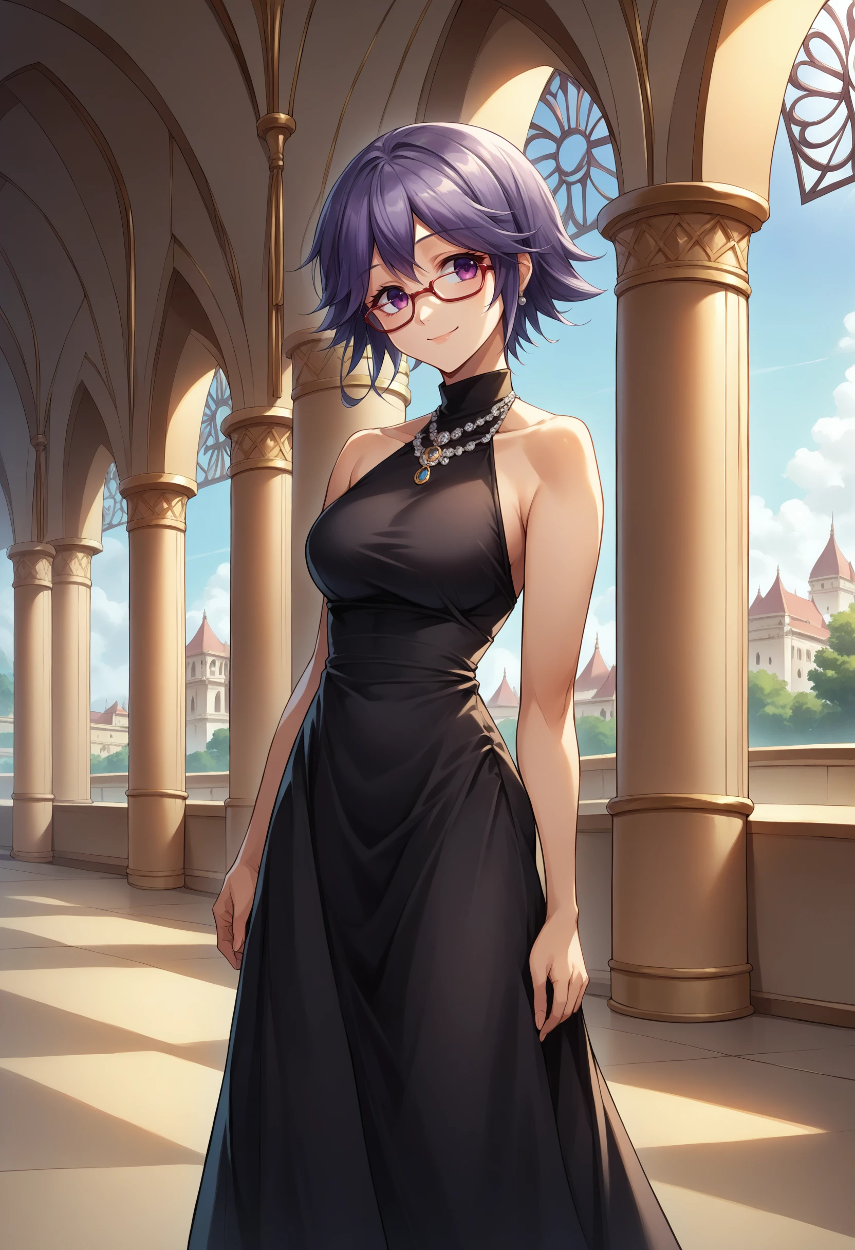 score_9, score_8_up, source_anime, 1girl, solo, KazukiHana, short hair, glasses, elegant, long dress, black dress, halterneck, smile, indoors, palace, jewelry, standing, <lora:ChamHanaKazukiPonyXL:1>