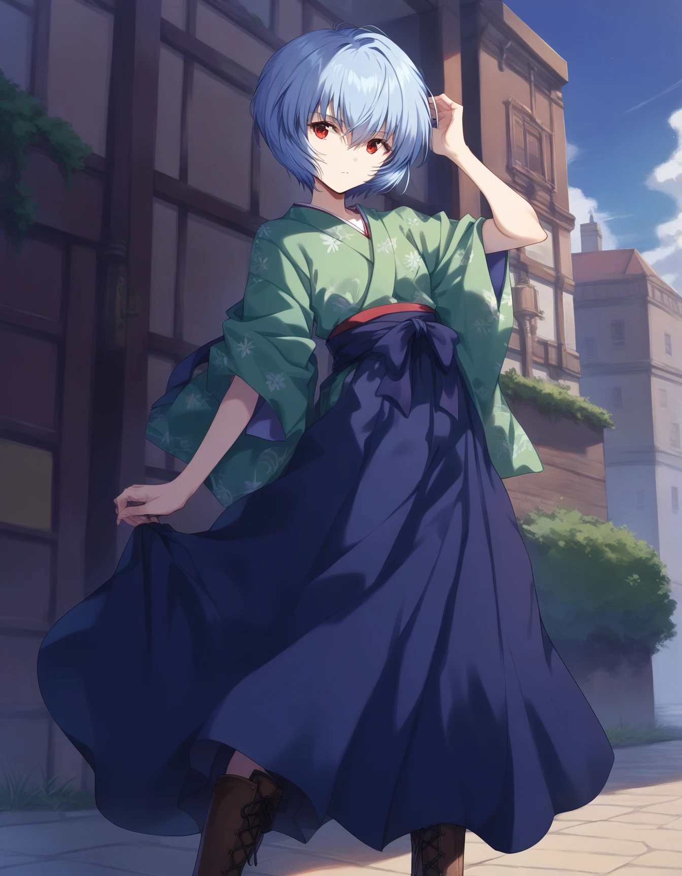 score_9, score_8_up, score_7_up, BREAK source_anime, rating_explicit, best quality, masterpiece, uncensored, 1girl,solo,
BREAK
dynamic pose,standing,
outdoors,
<lora:bold-16oa:-0.1>,
<lora:sdxl2-flat2-512b:-1>,
BREAK
<lora:yagasuri_PO_pr_V1_2-000008:0.7>,
hakama, japanese clothes, long skirt,kimono,
(yagasuri:1.2),
cross-laced footwear,knee boots, 
<lora:GAINAX_PO_XL_V1_0:0.8>,
rei, GAINAX, short hair, bangs,red eyes,ribbon, hair between eyes,  blue hair,(expressionless:0.8),
small breast,