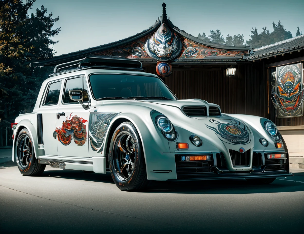 masterpiece, awesome quality, cinematic lighting, detailed, DonMH4ny4 Conveyance, angular headlights, teardrop windows, roof rack, spoked wheels, voidmetal, minimalist, , hannya, tattoo <lora:DonMH4ny4:0.8>