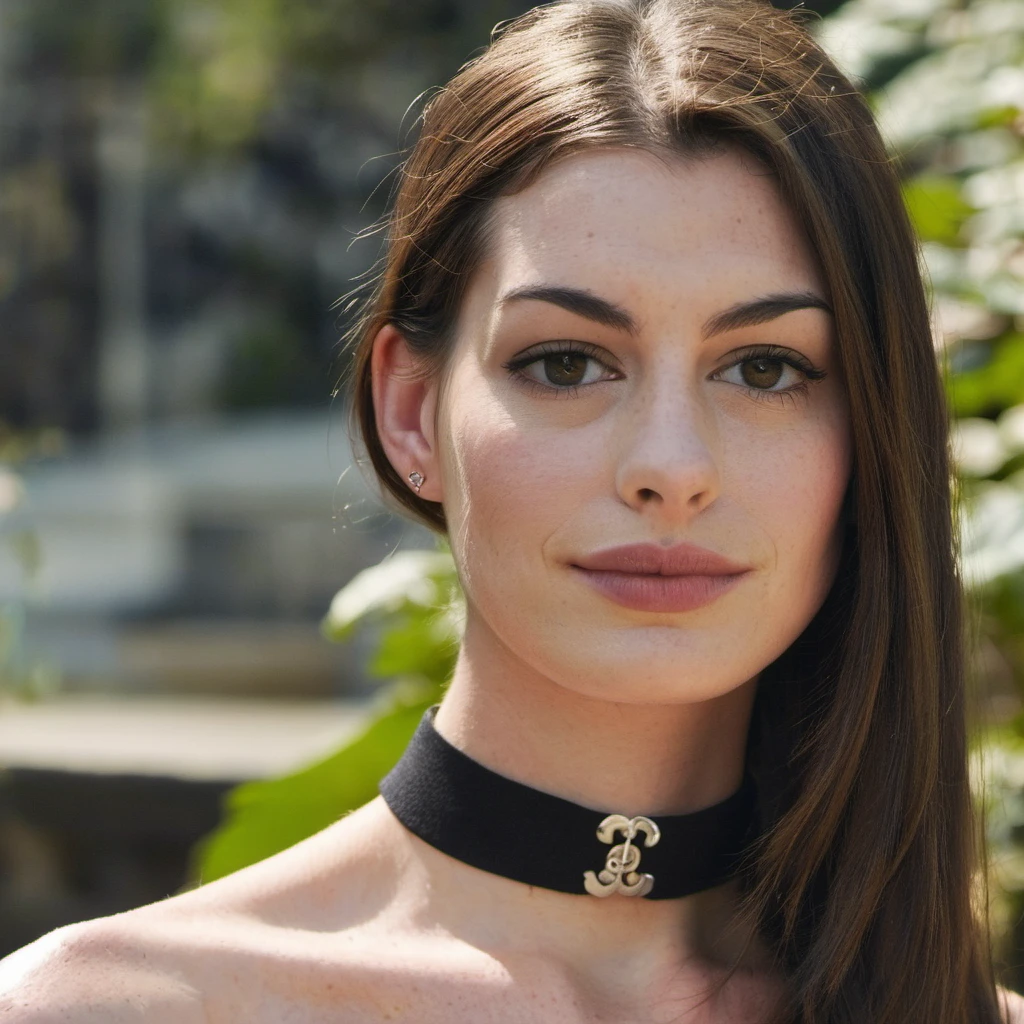 Skin texture, no makeup, Super high res closeup portrait photo of a stunning woman outdoors with straight hair, wearing a small string choker around her neck,f /2.8, Canon, 85mm,cinematic, high quality,looking at the viewer, anxhthway, <lora:anhathaway_juggerX_xl_1_standard_wocap_merger_56prev_51_72_04_03_03-anxhthway:1.0>