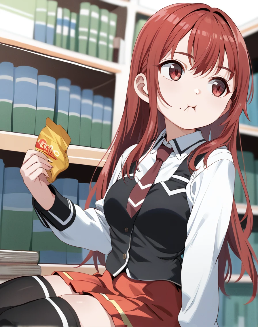 score_9, score_8_up, score_7_up, a girl eating chips \(food\), looking away, library, 
 <lora:mamezou_style_pony6_v1-000032:1>   <lora:bible_black_uniform_xl_v3:1> school uniform, white shirt, black vest, black thighhighs, red skirt, red necktie