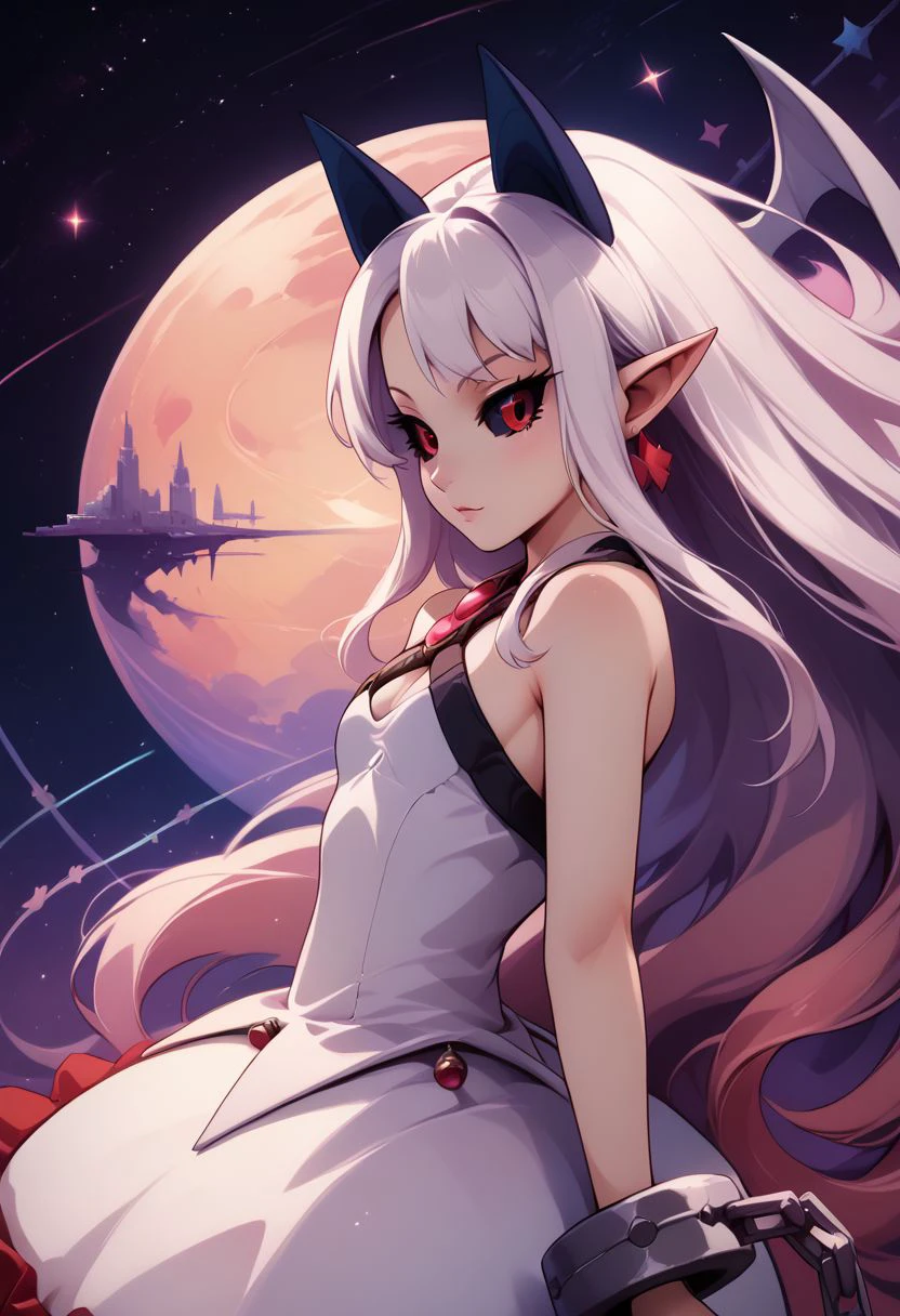 score_9, score_8_up, score_8, medium breasts, (curvy), cute, eyelashes,  rating_safe,
BREAK, 
zzPram, 1girl, solo, long white hair, horns, pointy ears, red eyes, black sclera, jewelry, dress, bubble skirt, earrings, chain, bat wings, albino, shackles, criss-cross halter,
BREAK, 
dynamic angle, stars, floating, colorful, pink, blue eyes, from side, on back, spaceship, technological,
zPDXL,