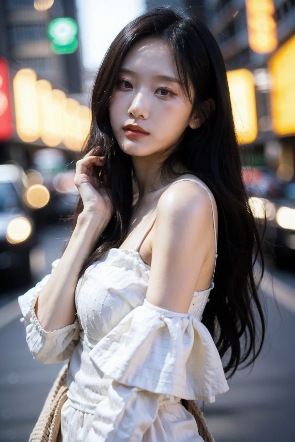 Best quality, masterpiece, ultra high res, (photorealistic), raw photo,1girl, skinny, upper body,solo, realistic, looking at viewer, long hair, bokeh background, city streets,brown eyes, bohemian dress, <lora:makina69_seori_v1.0:1>