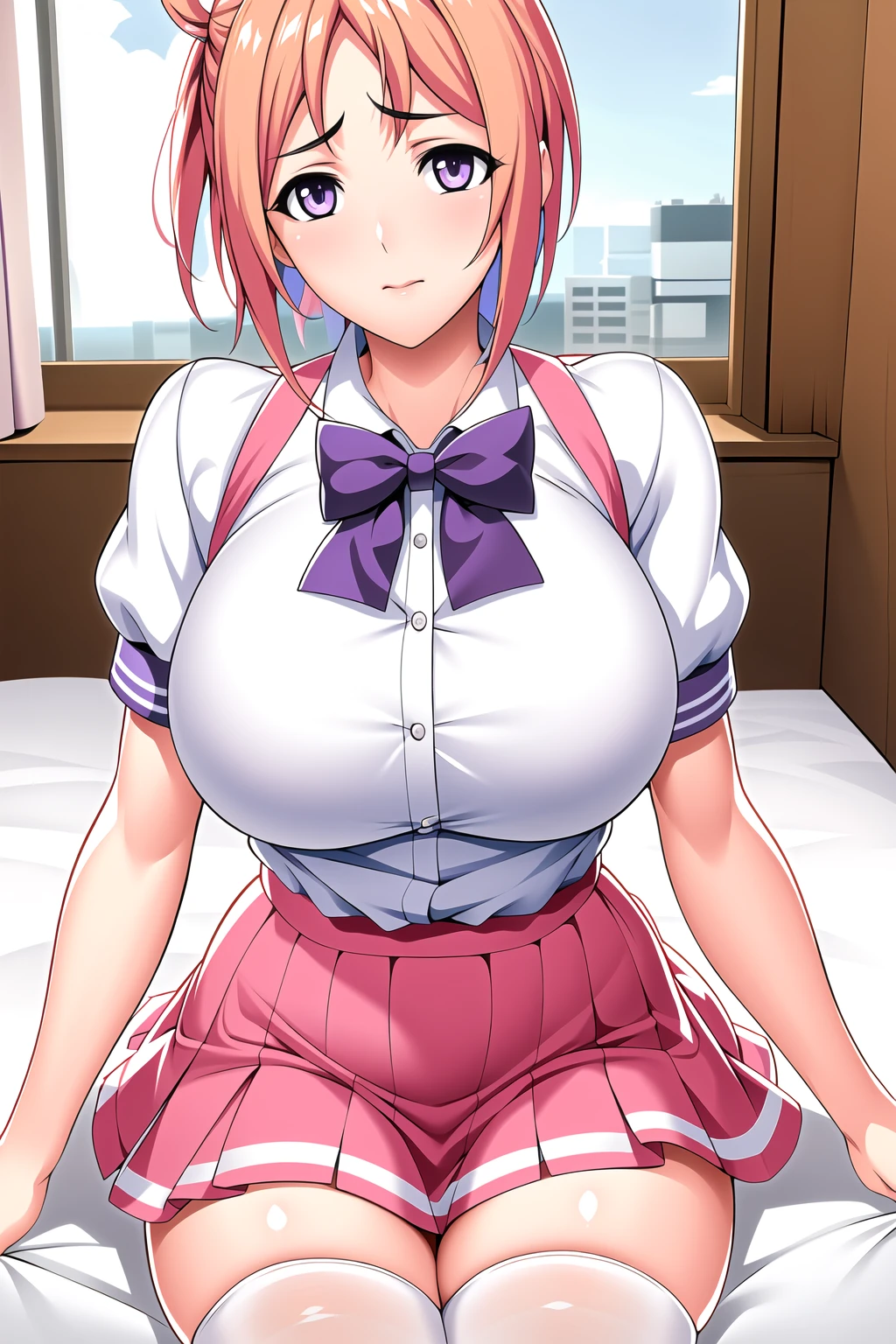 Nakano Ichika、Sex、Creampie、Ahegao、One Woman、School、whole body、The chest is exposed、Pussy、Spread your legs、White shirt、Yellow-green skirt、She/He wraps a yellow cardigan around her/his waist.、Nipples、Big Breasts、Double Peace、Pink Hair、short hair