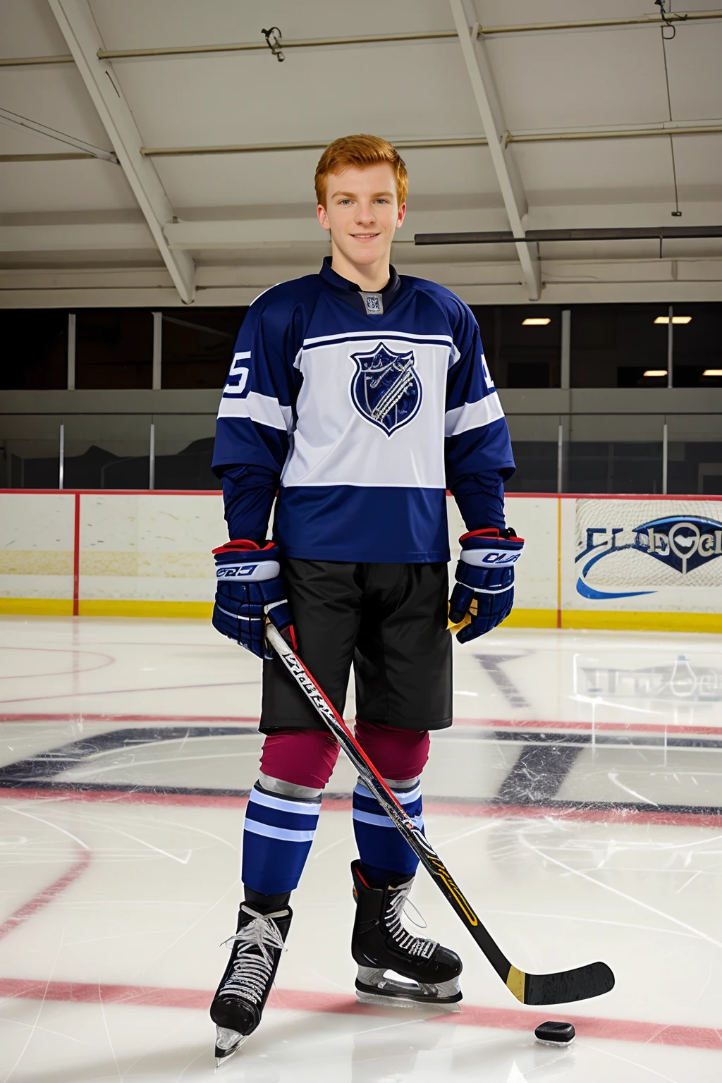 hockey rink, standing, MichaelRed wearing hockey shoulder pads, hockey uniform, gloves, holding hockey stick, smiling, (((full body portrait))), wide angle <lora:MichaelRed:0.8>