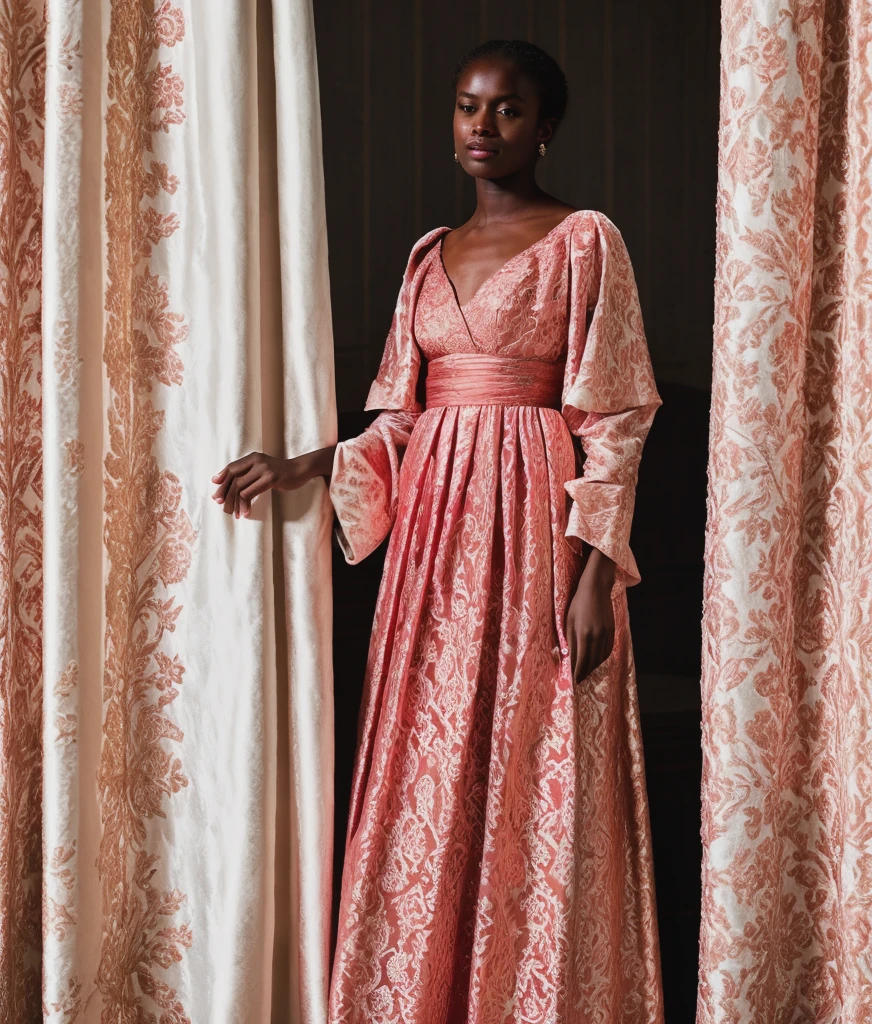<lora:Jacquard_Clothing:0.78> , jaqcuard, jacquard fabric, made out of jacquard, jacquard, beautiful detailed jacquard gown, white gown with red blossom pattern, dancing in a dark room, curtains, cages, dynamic, beautiful composition, rim light, 1girl, dark skin, detailed face, beautiful face,, RAW photo, subject, 8k uhd, dslr, soft lighting, high quality, film grain, Fujifilm XT3, professional photo, (detailed skin:1.3), high quality, <lora:Titanic_Era_Fashion:0.5> , titanic era fashion, dress, see-through, woman wearing titanic era fashion, short hair,