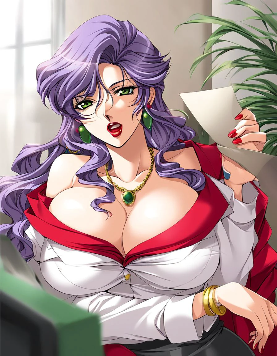 score_9, score_8_up, score_7_up, source_anime, rating_explicit, BREAK  <lora:Nonomura_Akiko_XL:1>
NonomuraAkiko,  long hair,  earrings, purple hair, lipstick,  makeup,  green eyes,  yellow eyes, jewelry, large breasts, mature female,
solo, cleavage, necklace, nail polish, open mouth, formal, jacket, dutch angle, red lips, lying, suit, off shoulder, skirt, looking at viewer, red nails, business suit,
room, office,