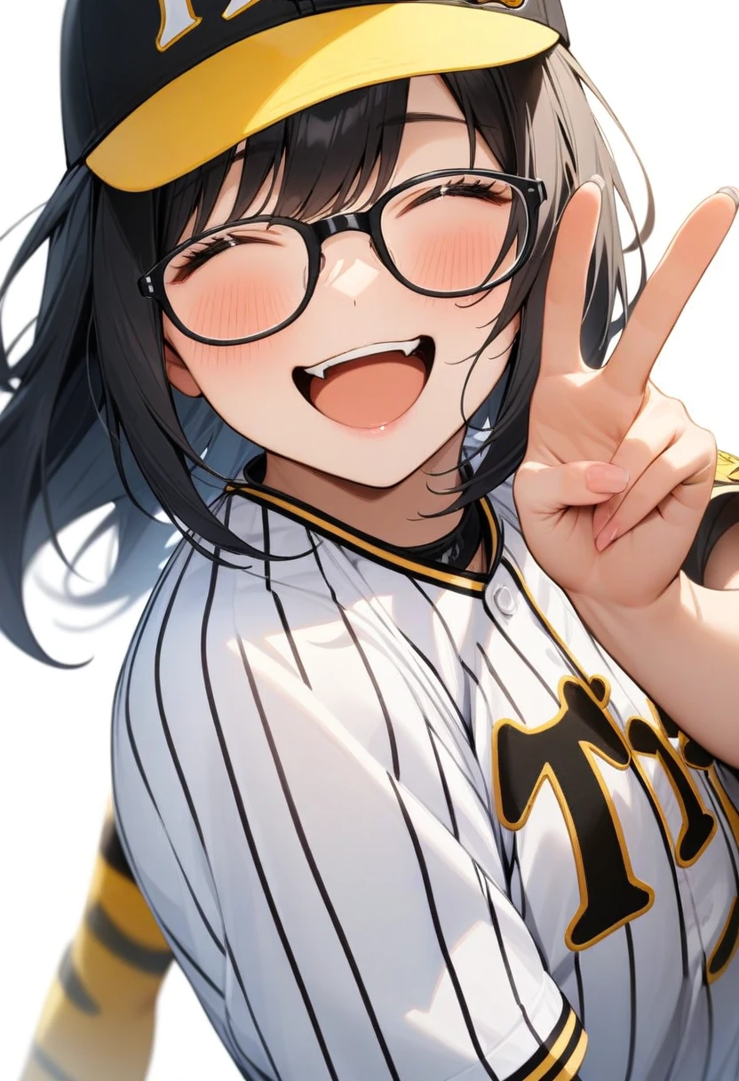 masterpiece, best quality, very aesthetic, absurdres,
1girl, solo, glasses, black hair, medium hair, happy, smile, v, closed eyes, open mouth,
tigers_uniform, baseball uniform, white background, sportswear, simple background, baseball cap, black cap,
<lora:HanshinTigersU_SDXL_V1:1>