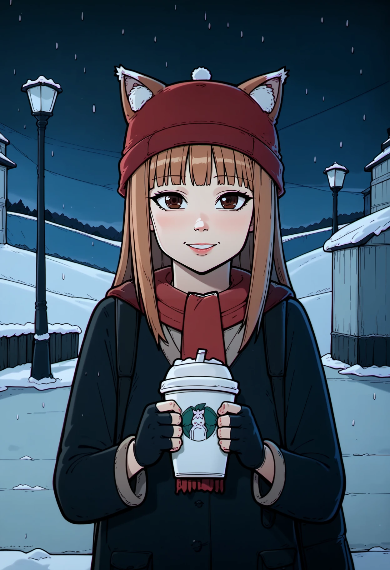 score_9, best quality, masterpiece, uncensored, source_cartoon, chromatic aberration
BREAK
1girl,solo, holo \(spice and wolf\), wolf ears, wolf tail, looking at viewer,smile,gloves,long sleeves,hat,holding,brown eyes,jacket,upper body,multicolored hair,outdoors,parted lips,day,black gloves,hood,fingerless gloves,bag,scarf,blurry,cup,lips,coat,plaid,gradient hair,blurry background,backpack,breath,holding cup,red headwear,snow,snowing,nose,beanie,winter clothes,disposable cup,winter,coffee cup,night, rimlight
<lora:lazy_square_pony_v2:1>